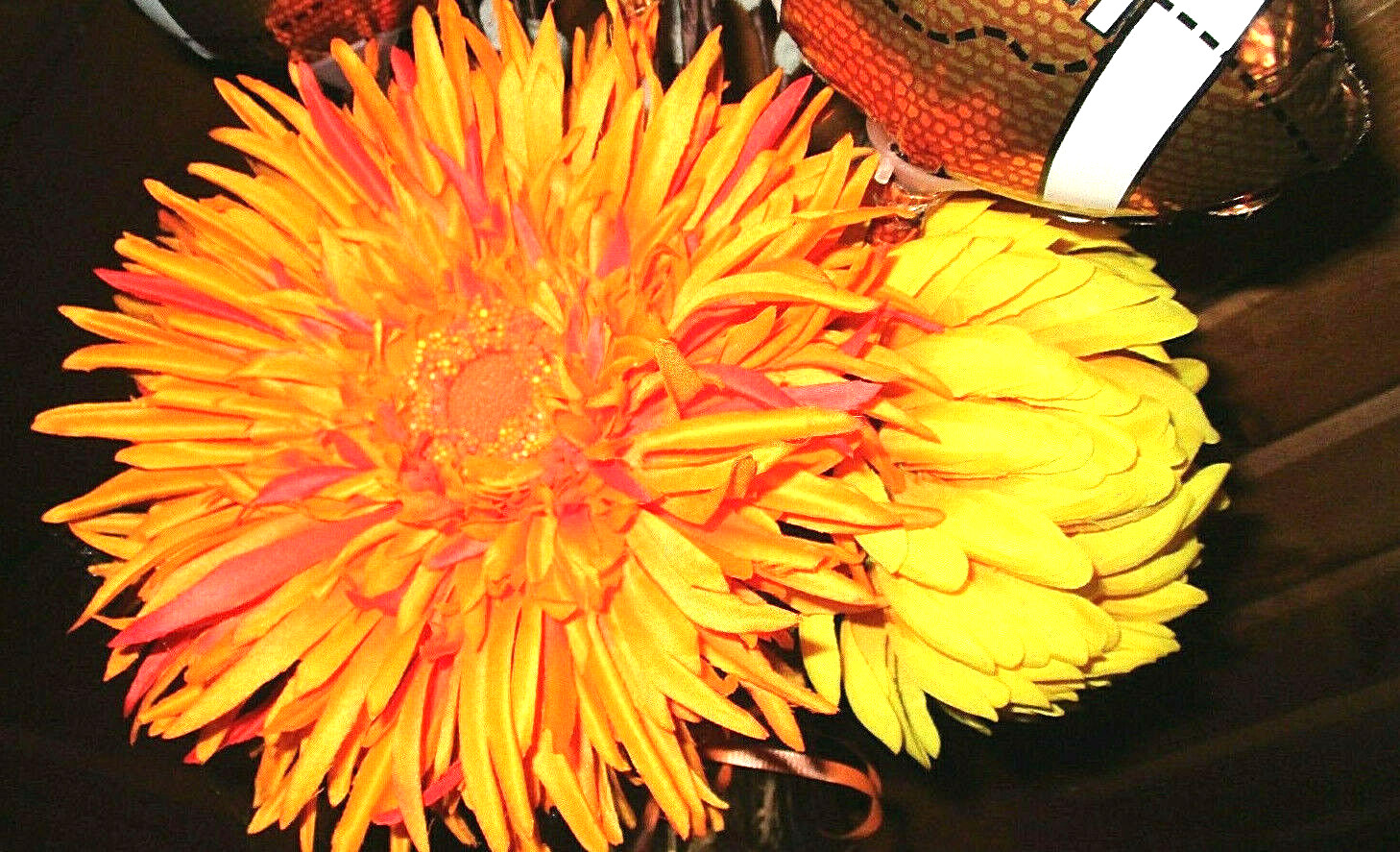 18″ FOOTBALL Autumn Faux PUSSY WILLOWS Orange Yellow FLORAL Hoosier Glass VASE