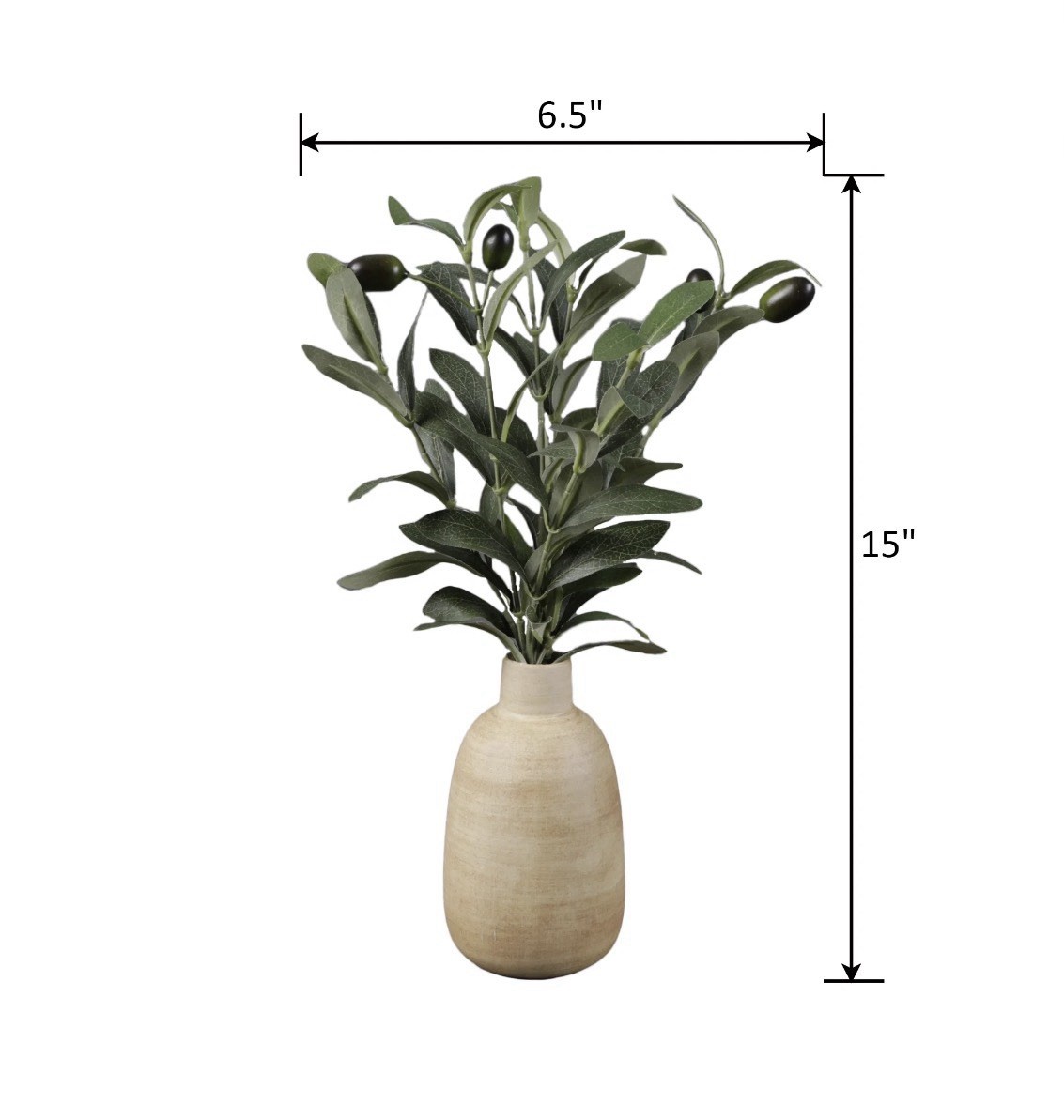 Artificial Olive Branch Arrangement in Beige Vase, Green/Black, 15 in x 6.5 in