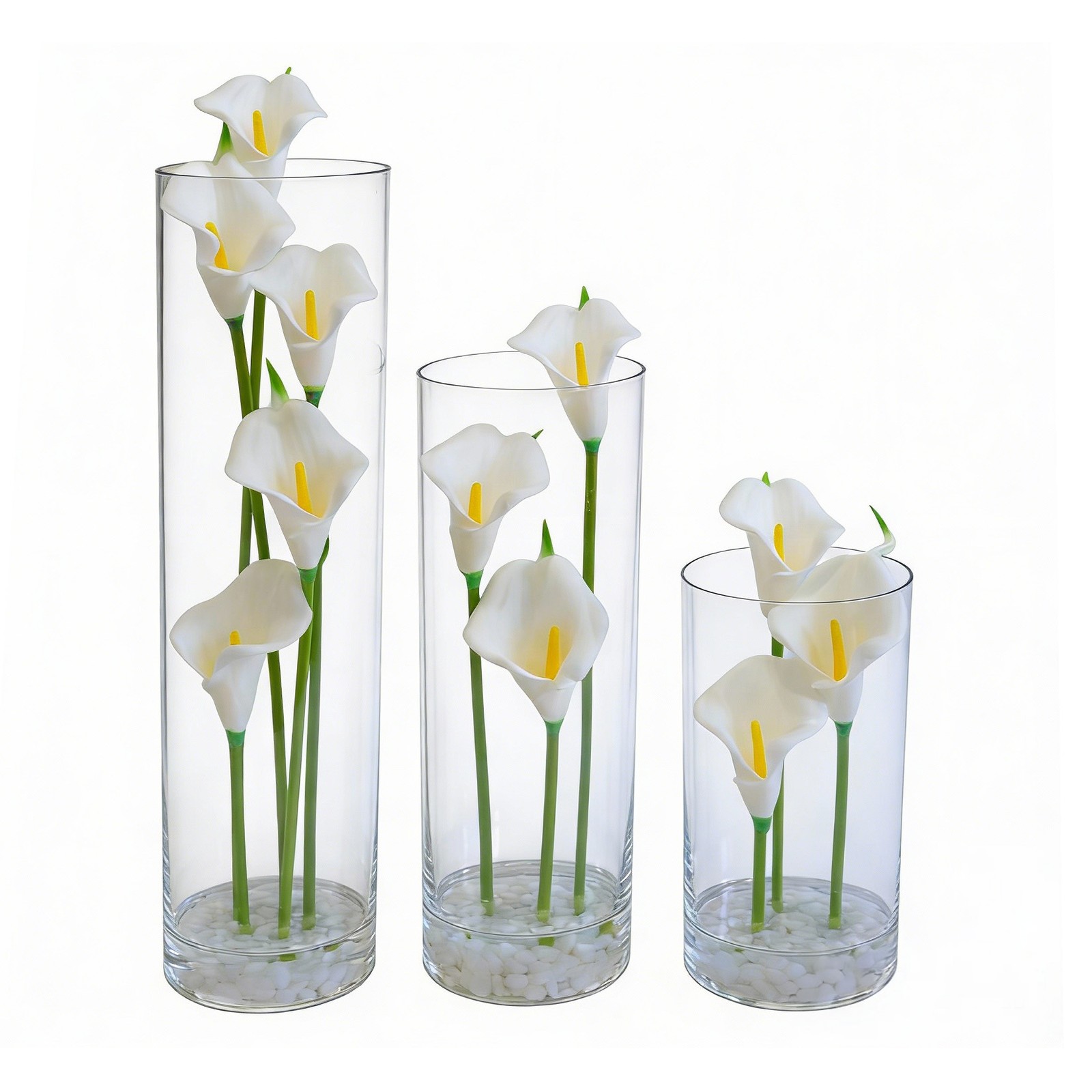 White Calla Lily Centerpiece Set of 3, Acrylic Cylinder Vases with Faux Flowers