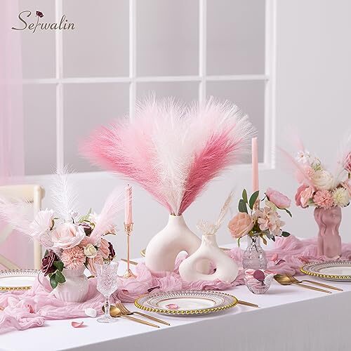 Serwalin Pampas Grass Pink Decor 17.7 Inch 17 Inch 6 Pcs A Blush & Cream & Pink