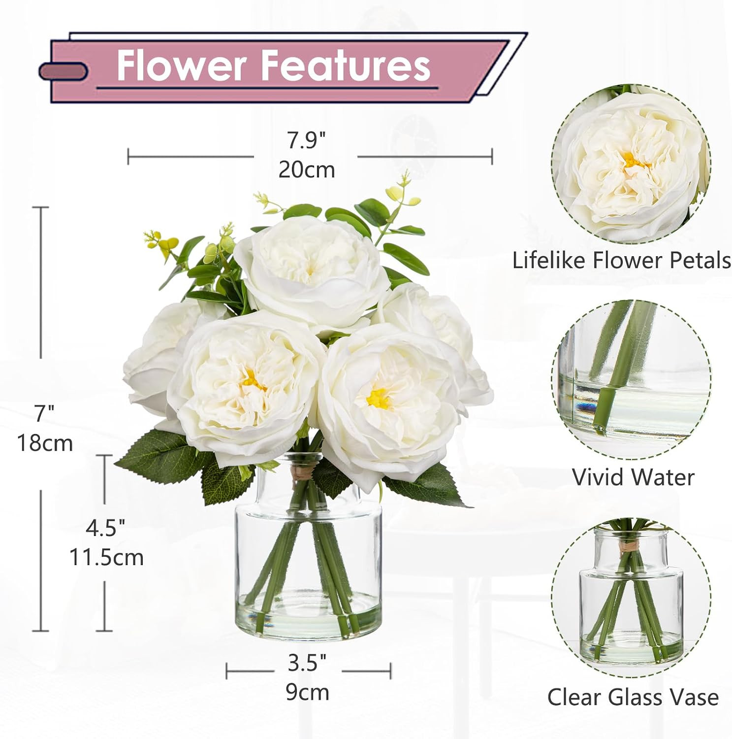 Elegant White Peonies & Roses in Glass Vase – Faux Flower Centerpiece Decor
