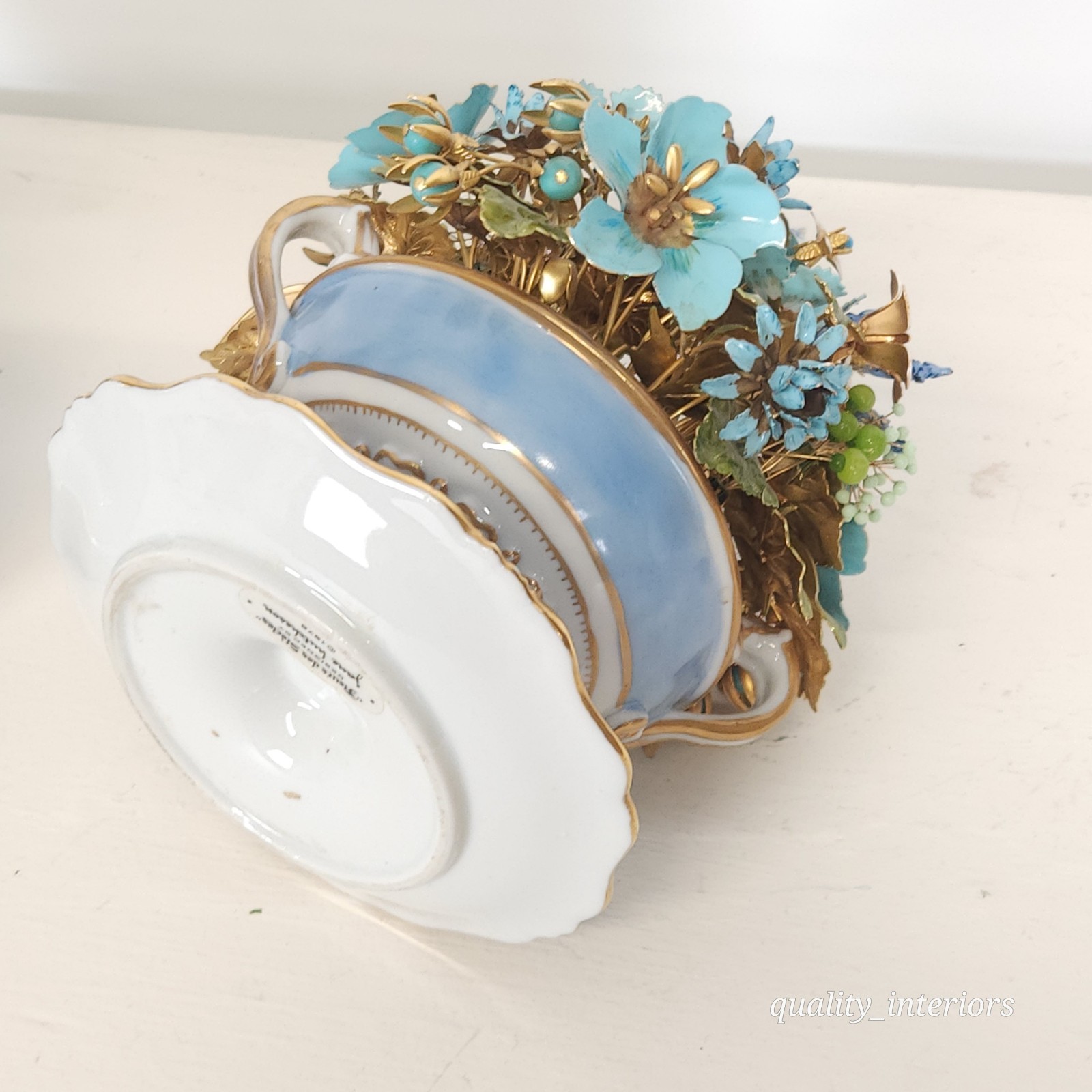 Pair Jane Hutcheson for Gorham Blue 2 Handled Teacup & Saucer Floral Arrangement