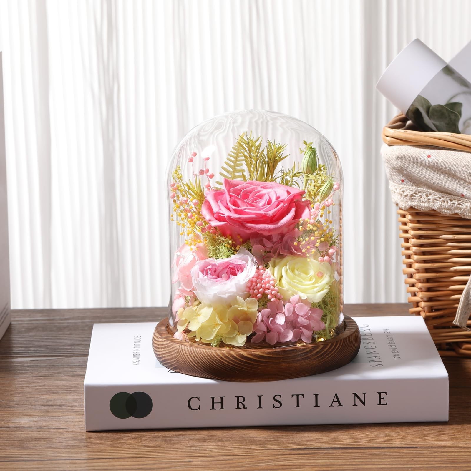 Preserved Pink Roses in Glass Dome with LED Light – Long Lasting Forever Flowers
