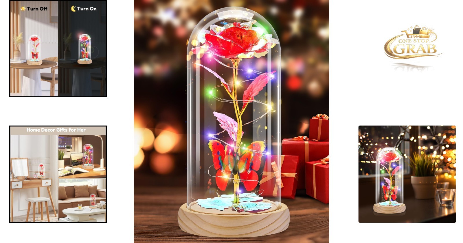 Preserved Artificial Rose Lamp with LED Lights, Glass & Wood Base, Gifts for …