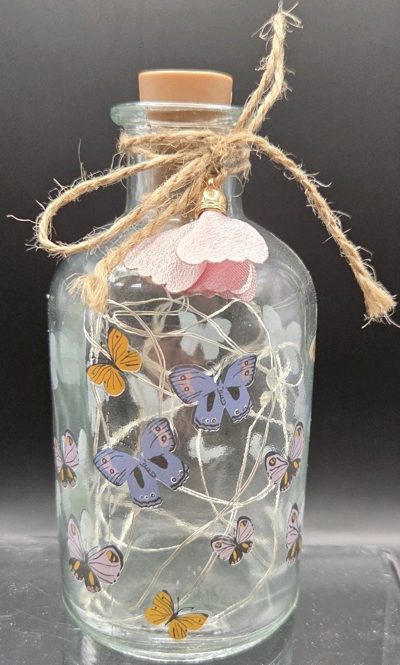 Handmade Butterfly Fairy Light Glass Bottle Lamp LED Night Light 6″ Tall HomeDec