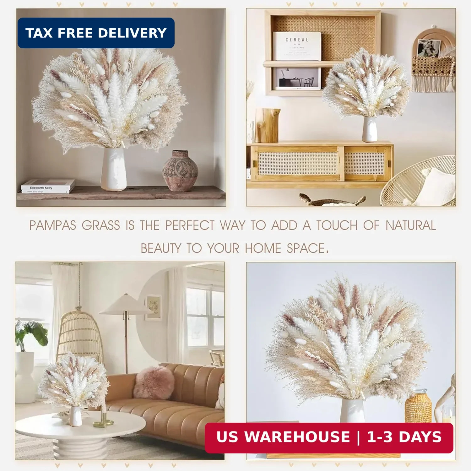 96PCS Natural Dried Pampas Grass Boho Home Decor Bouquet Phragmites Dried Flower