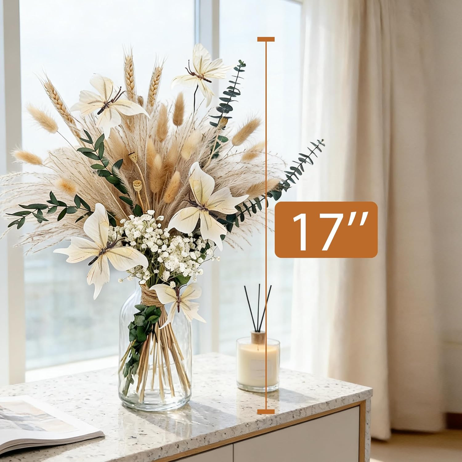 Pampas Grass Dried Flower Bouquet for Boho Home Decor | Eucalyptus, Butterflies