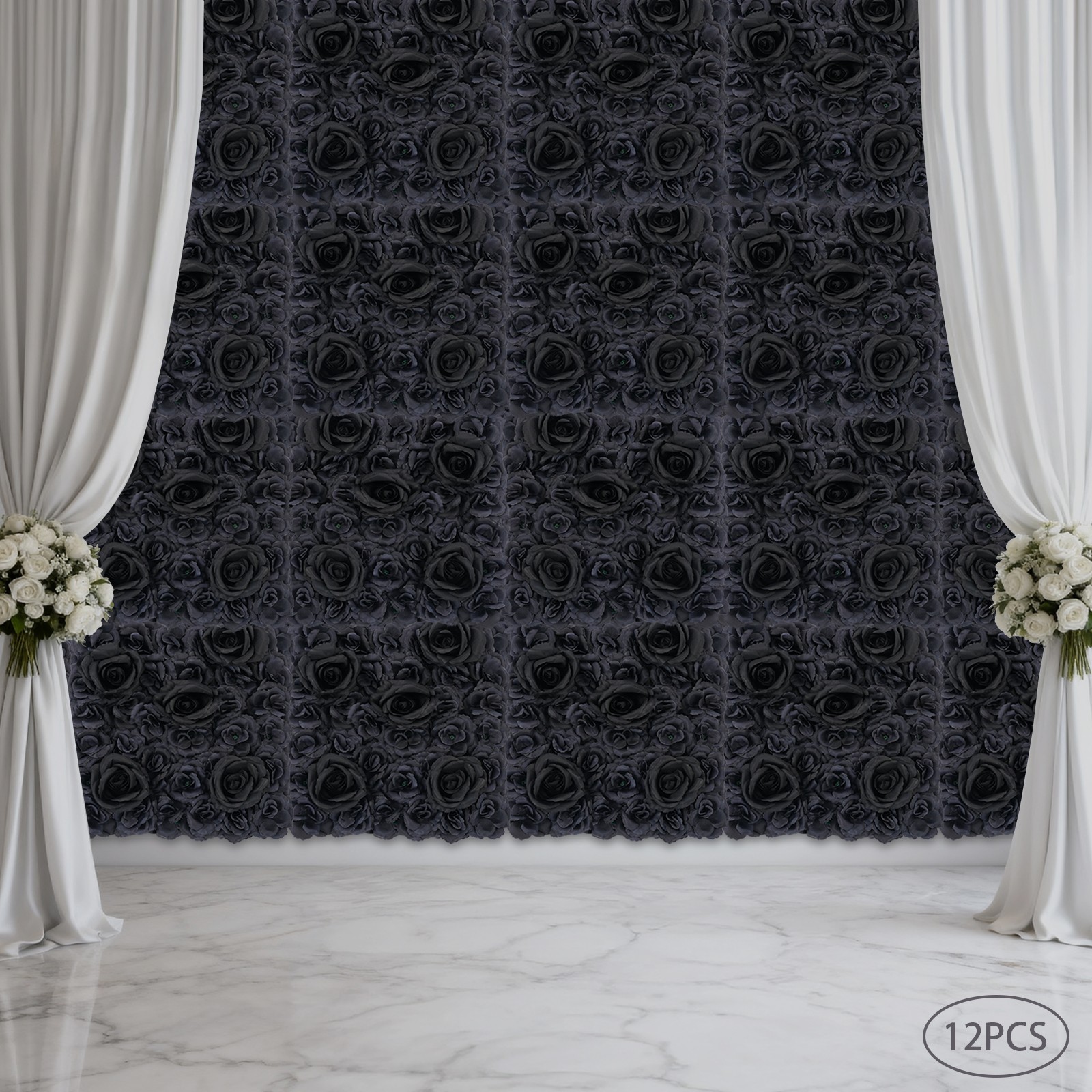 Gothic Style Black Rose Flower Wall Panels Artificial Floral Wedding Decor 12PCS