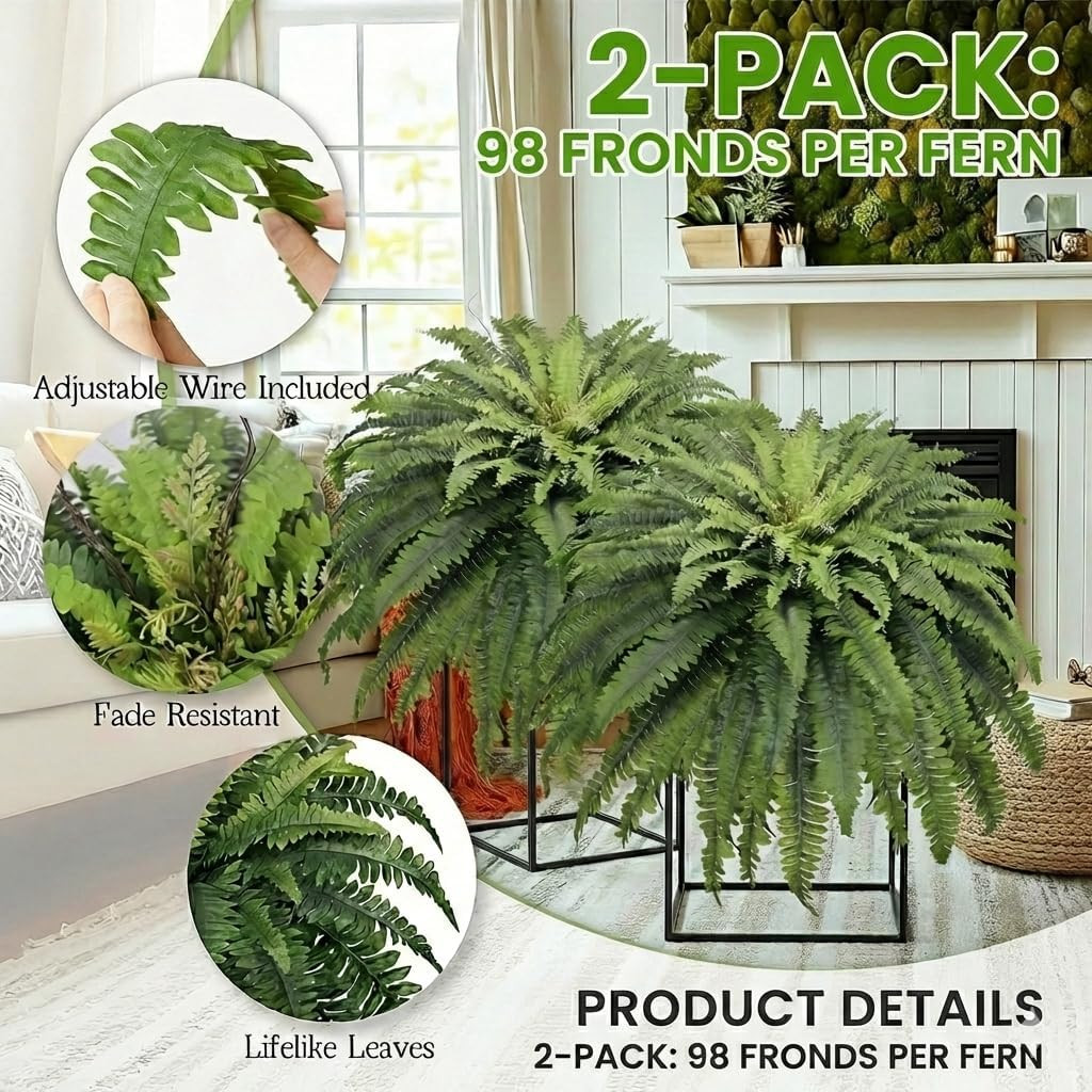 50″ Fake Ferns Artificial Plants Large, 98 Fronds 2 Artificial Ferns for Outdoor