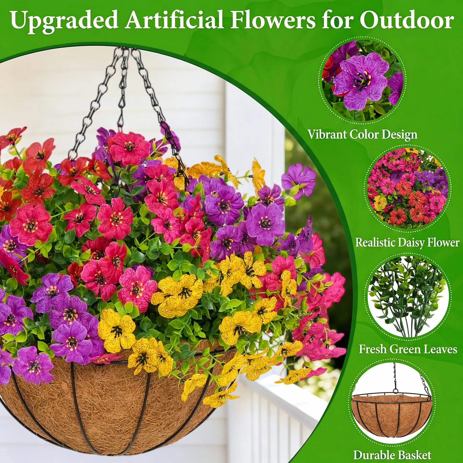 2 Set Artificial Outdoor Flowers with Hanging Basket for Garden Porch Patio B…