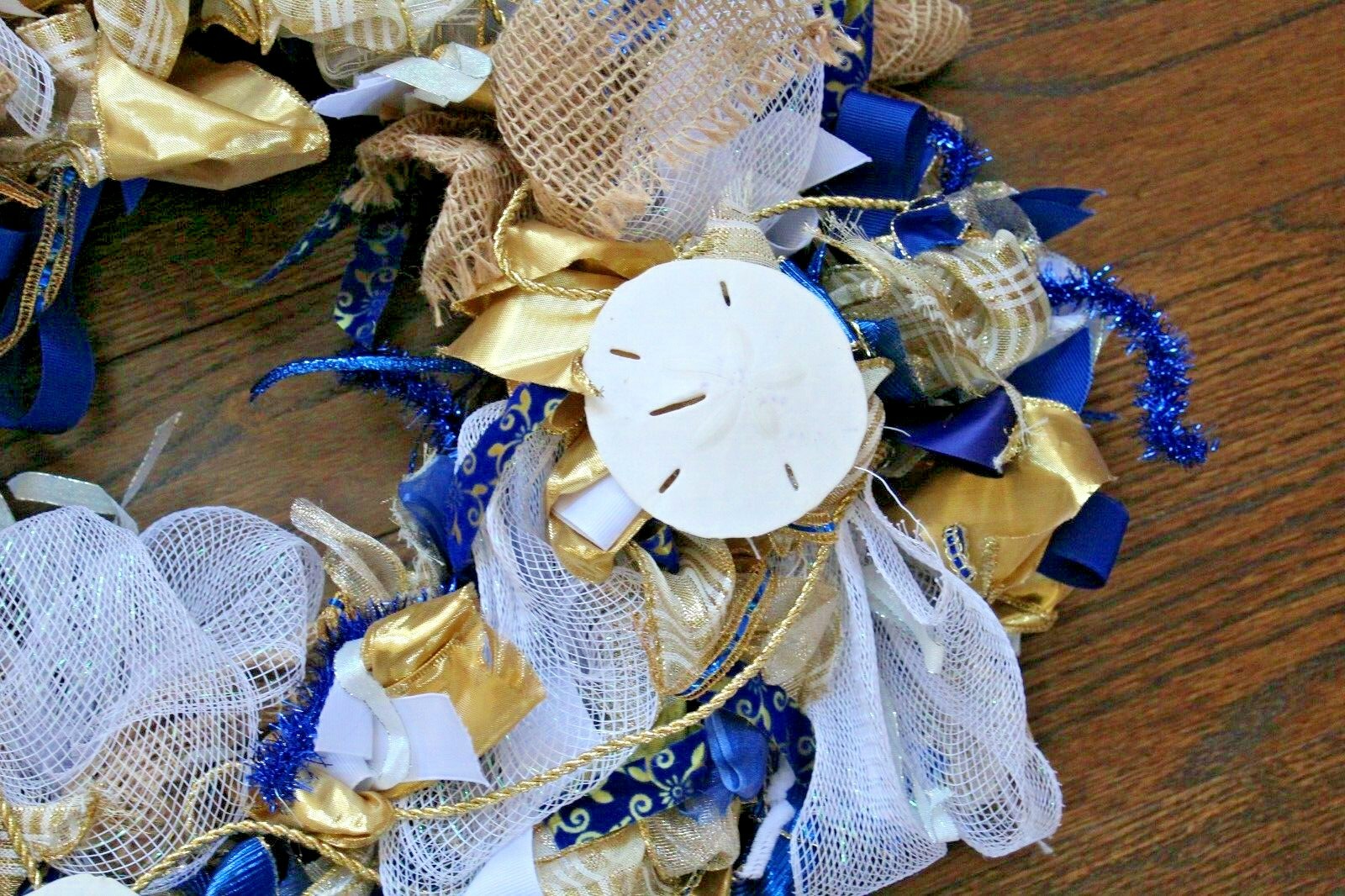 All Occasion Sea Ocean Beach Sand Dollar Door Wreath Blue Gold White 22″ dia