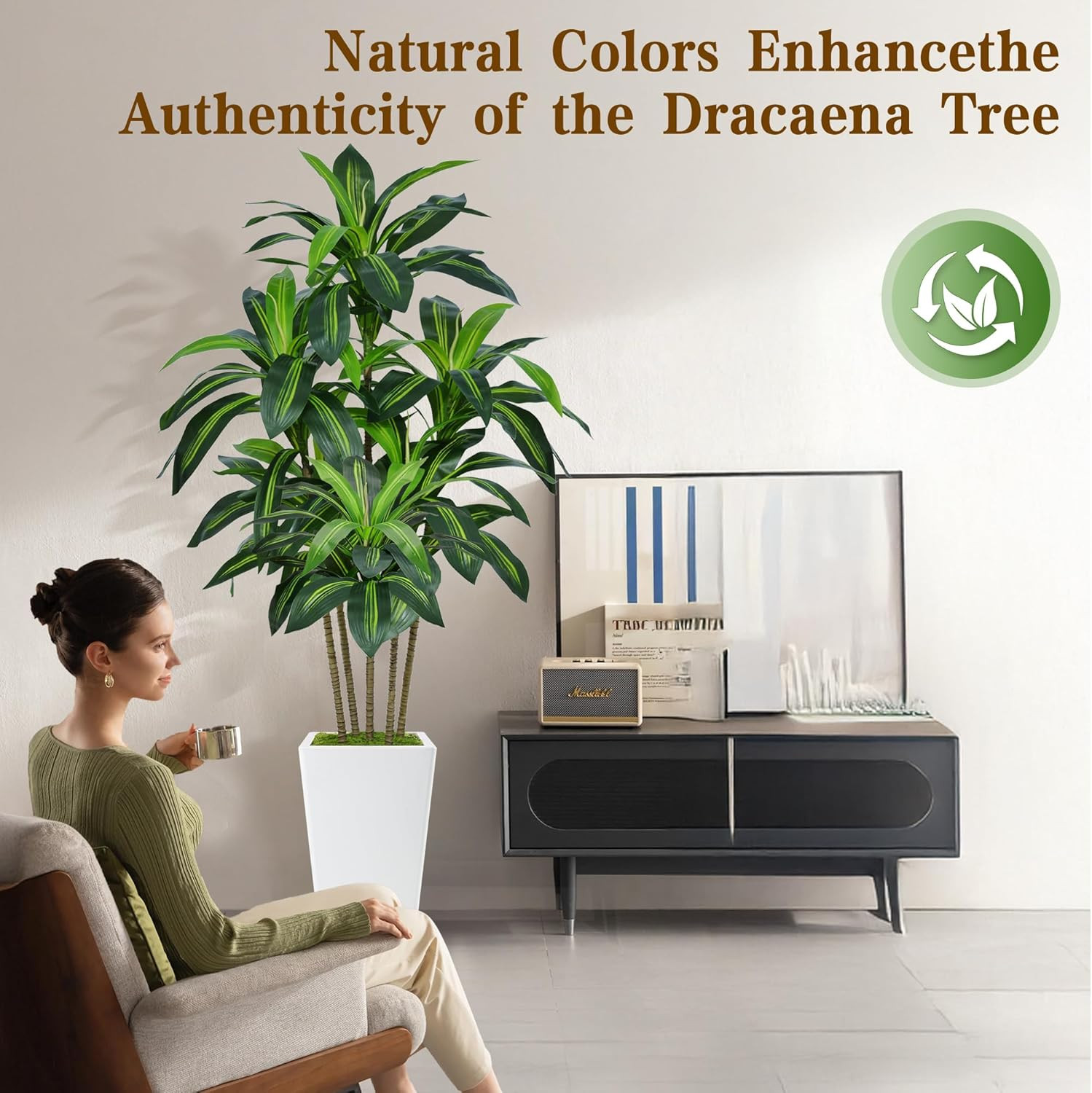6FT Artificial Dracaena Tree, Fake Tree Indoor with White Tall Planter,Tall Arti