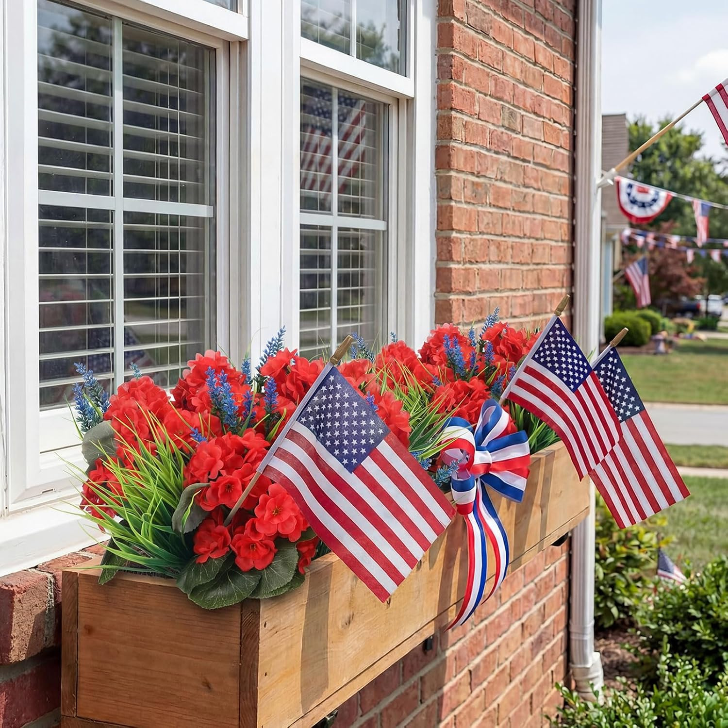 Realistic 13 Pcs Red Geraniums & Grass for Outdoor Home Garden Decor