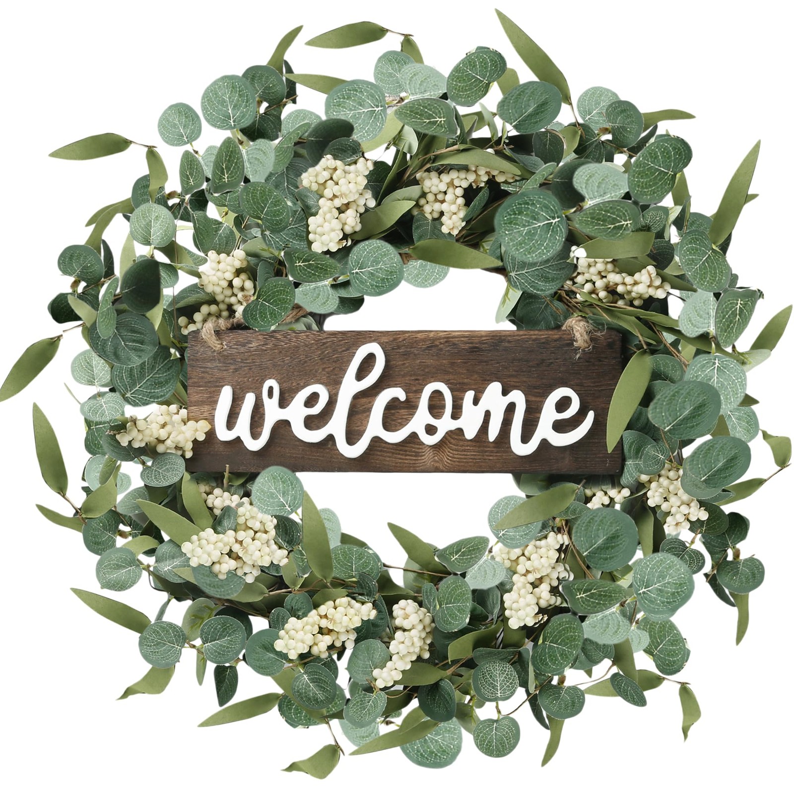 Sggvecsy Green Eucalyptus Wreath with Welcome Sign 20in Artificial Eucalyptus