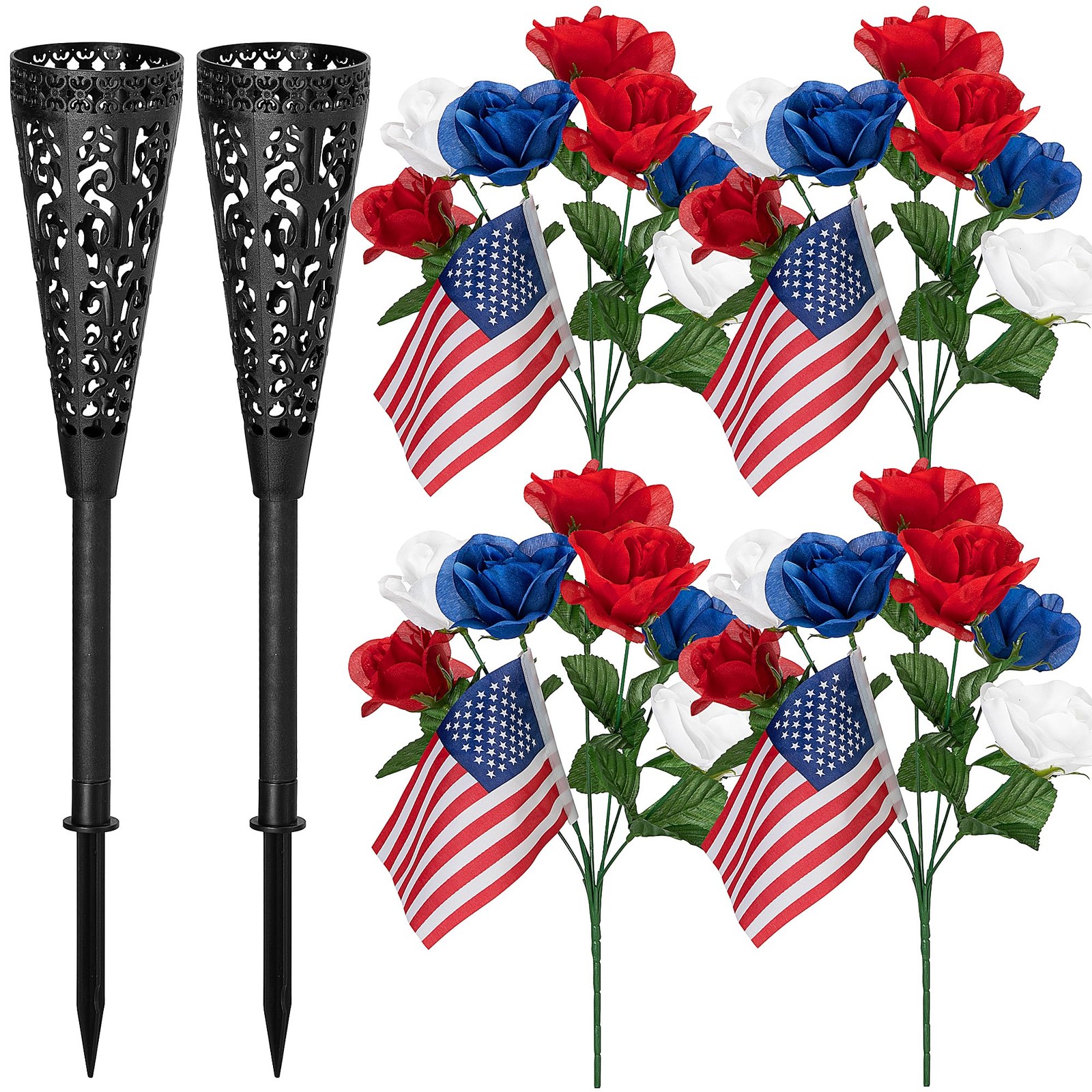 4 Bunches Memorial Day Artificial Flowers, Red Blue White Cemetery Flower wit…