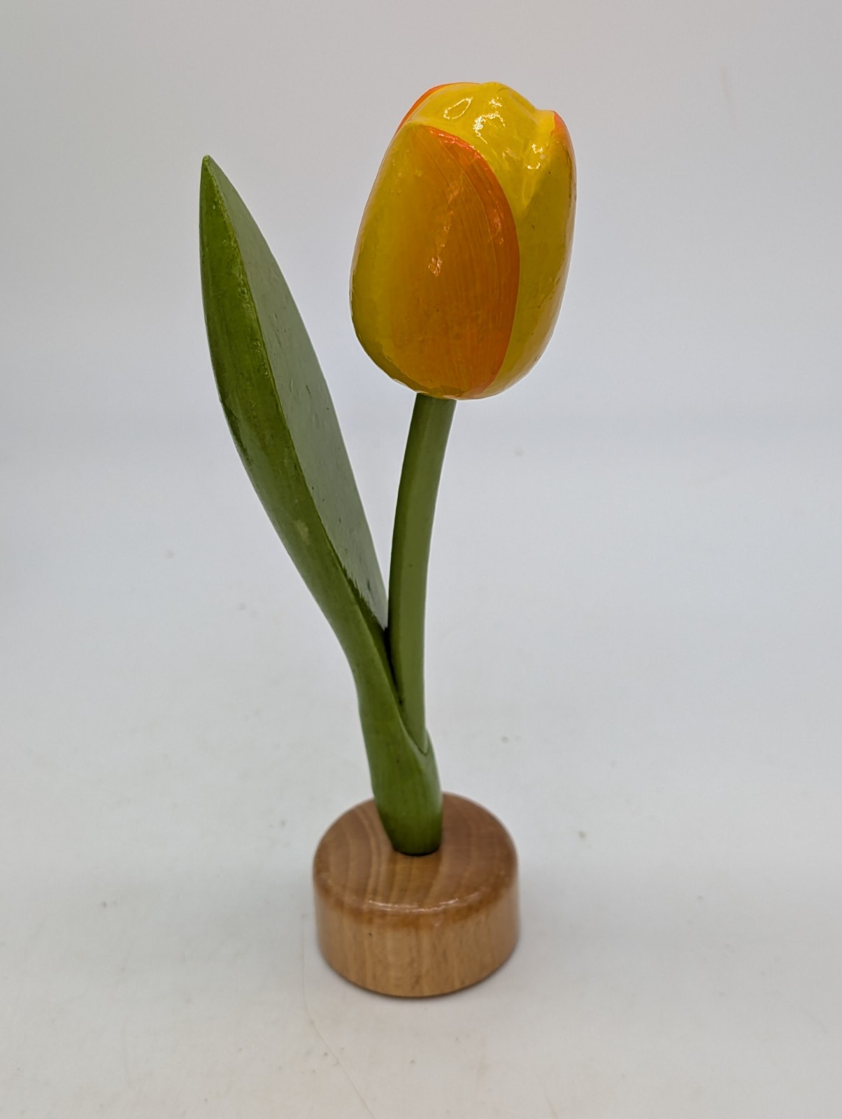 Hand Carved and Painted Wooden Flower Tulip Yellow Tiqets Holland Dutch In Base