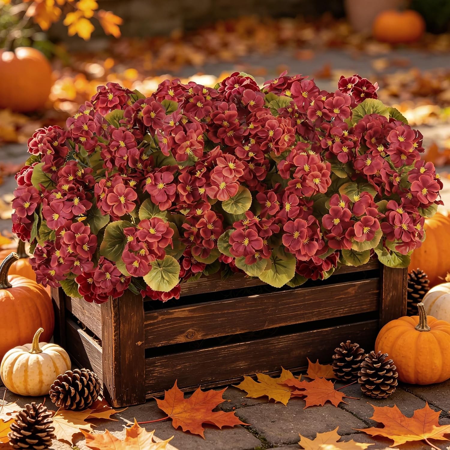 6 Bundles Red Geraniums Silk, Artificial Outdoor Planter Decor