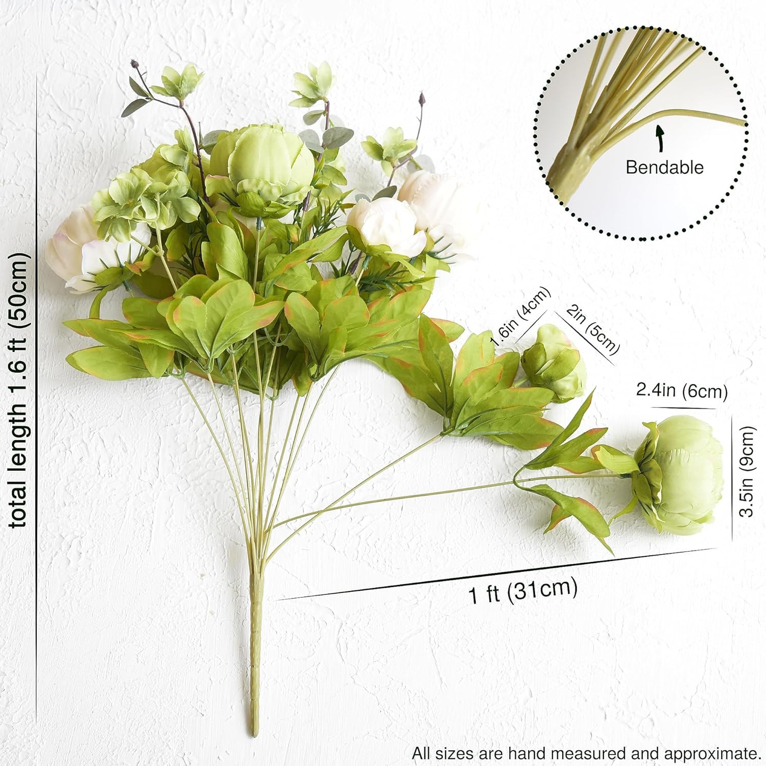 Cream Beige & Moss Green Artificial Peony Bouquets for Weddings & Home Decor