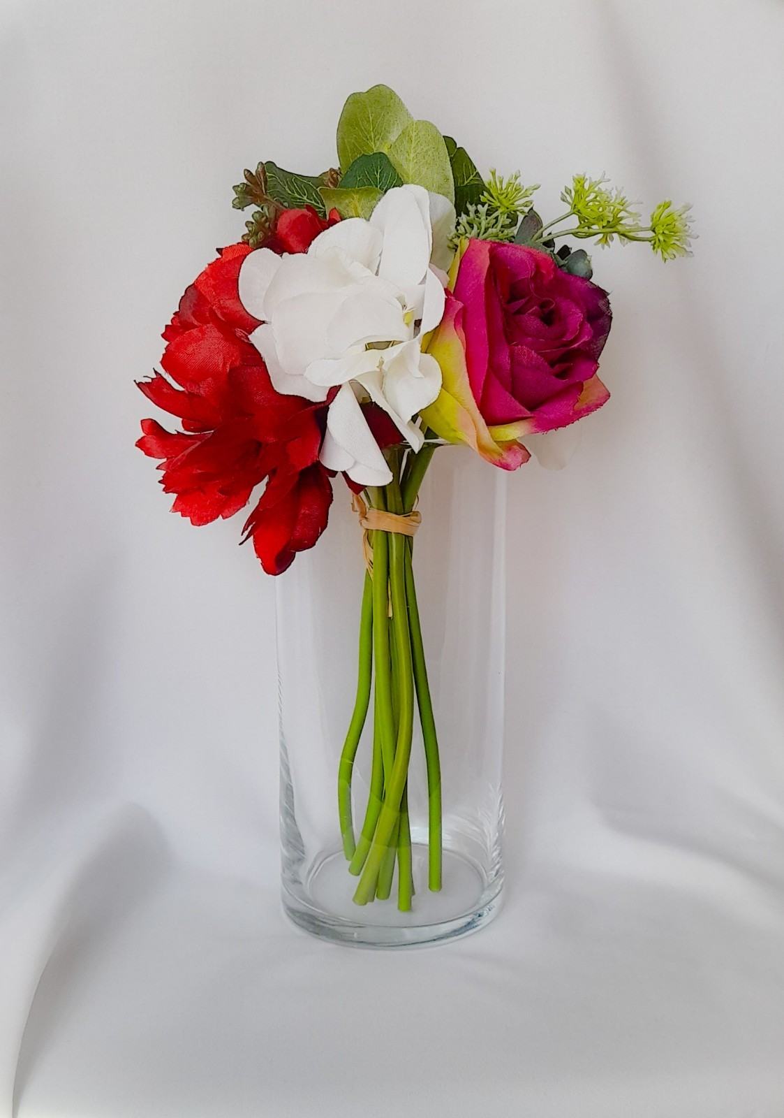 💐✨ Colorful Faux Flower Bouquet in Clear Glass Vase Home Decor Centerpiece 🌹🤍