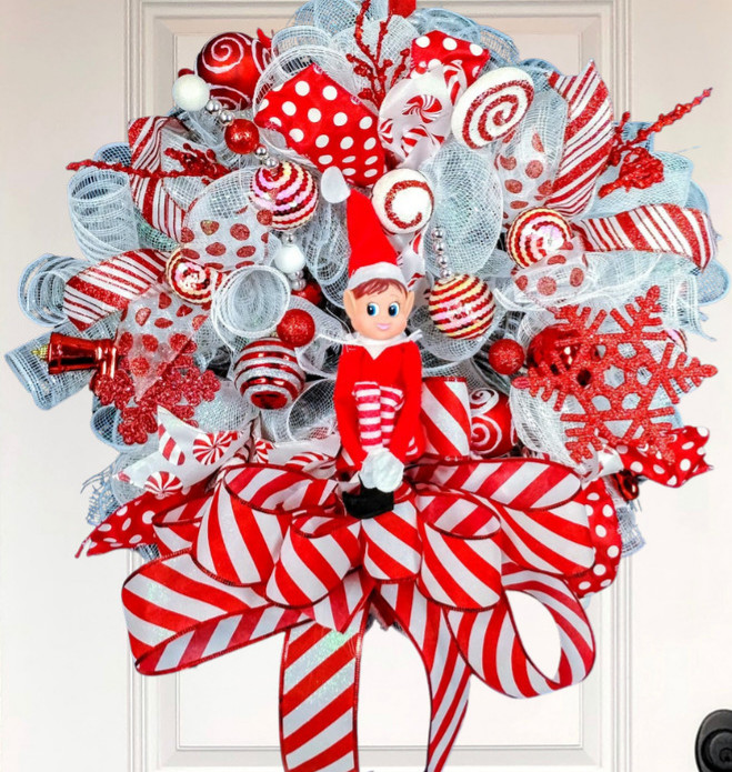 Christmas Elf Front Door Wreath Large 24″ Handmade Deco Mesh Holiday Decoration