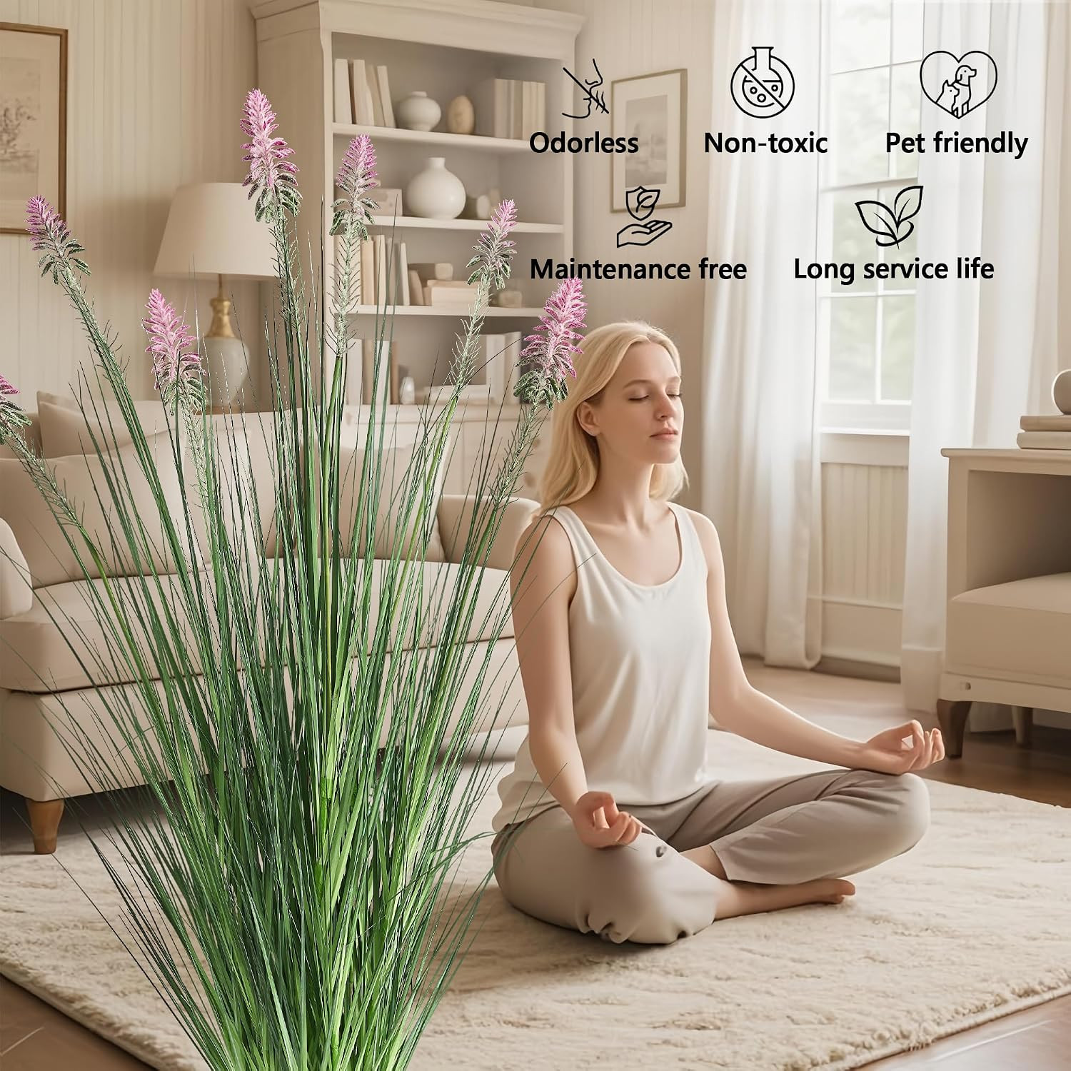 4Ft 2-Pack Horsetail Reed Grass with Purple Cockscomb Flower, 48In Tall Indoor O