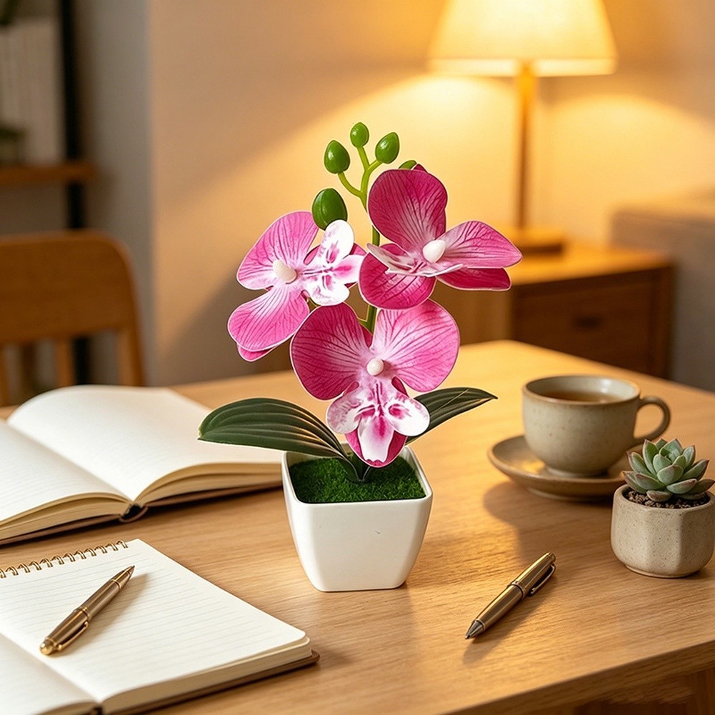 Artificial Orchid Arrangement 3 Bloom 7.09in with Square Pot for Living Room
