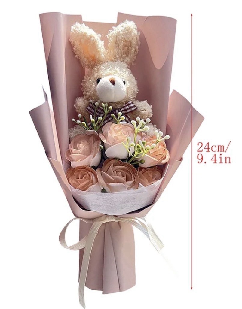 Bunny Bouquet,Stuffed Animal with Artificial Rose Bouquet- Beige & Brown NEW