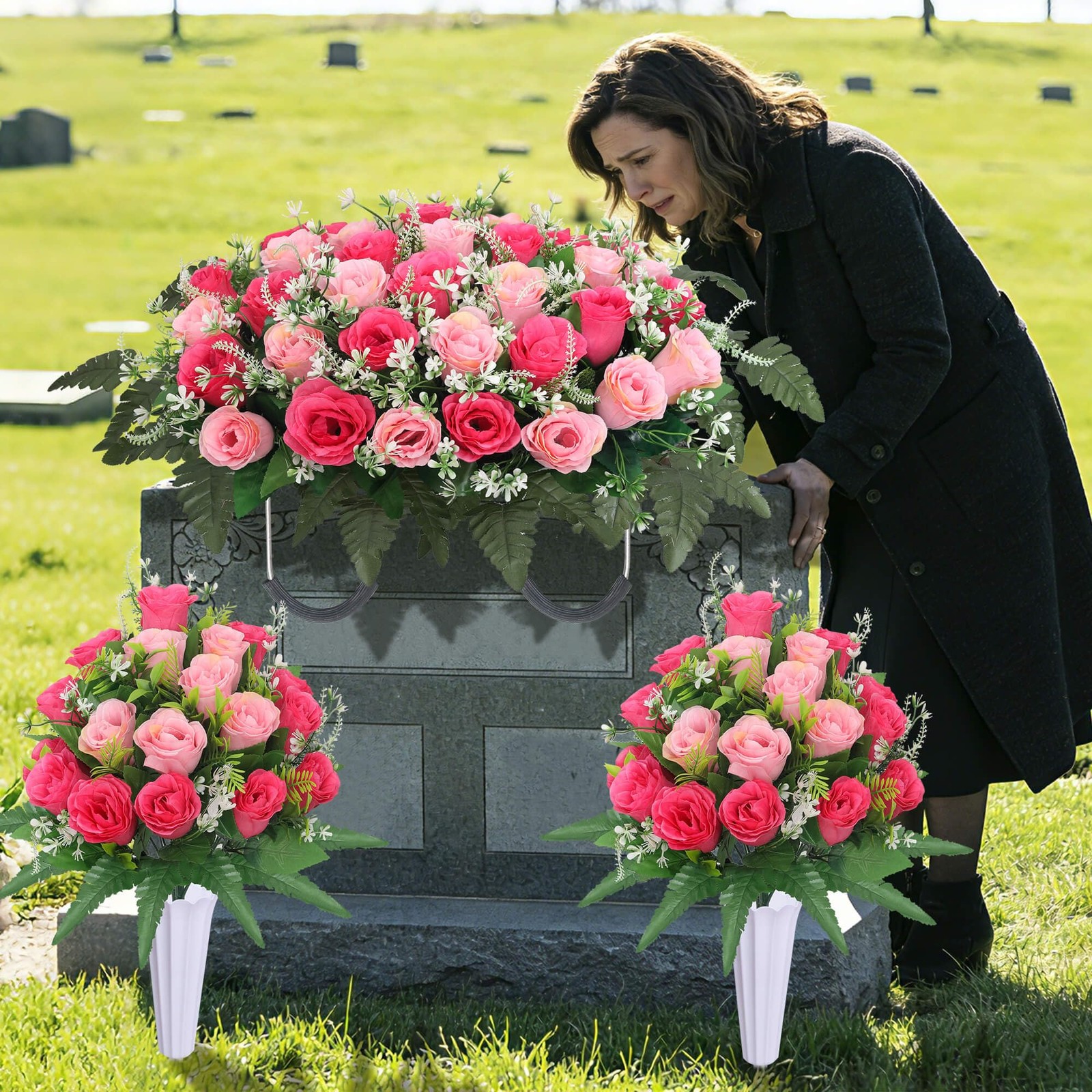 Lodou 3 Sets Cemetery Flowers for Grave,Headstone Flower Saddle,Grave Memorial F