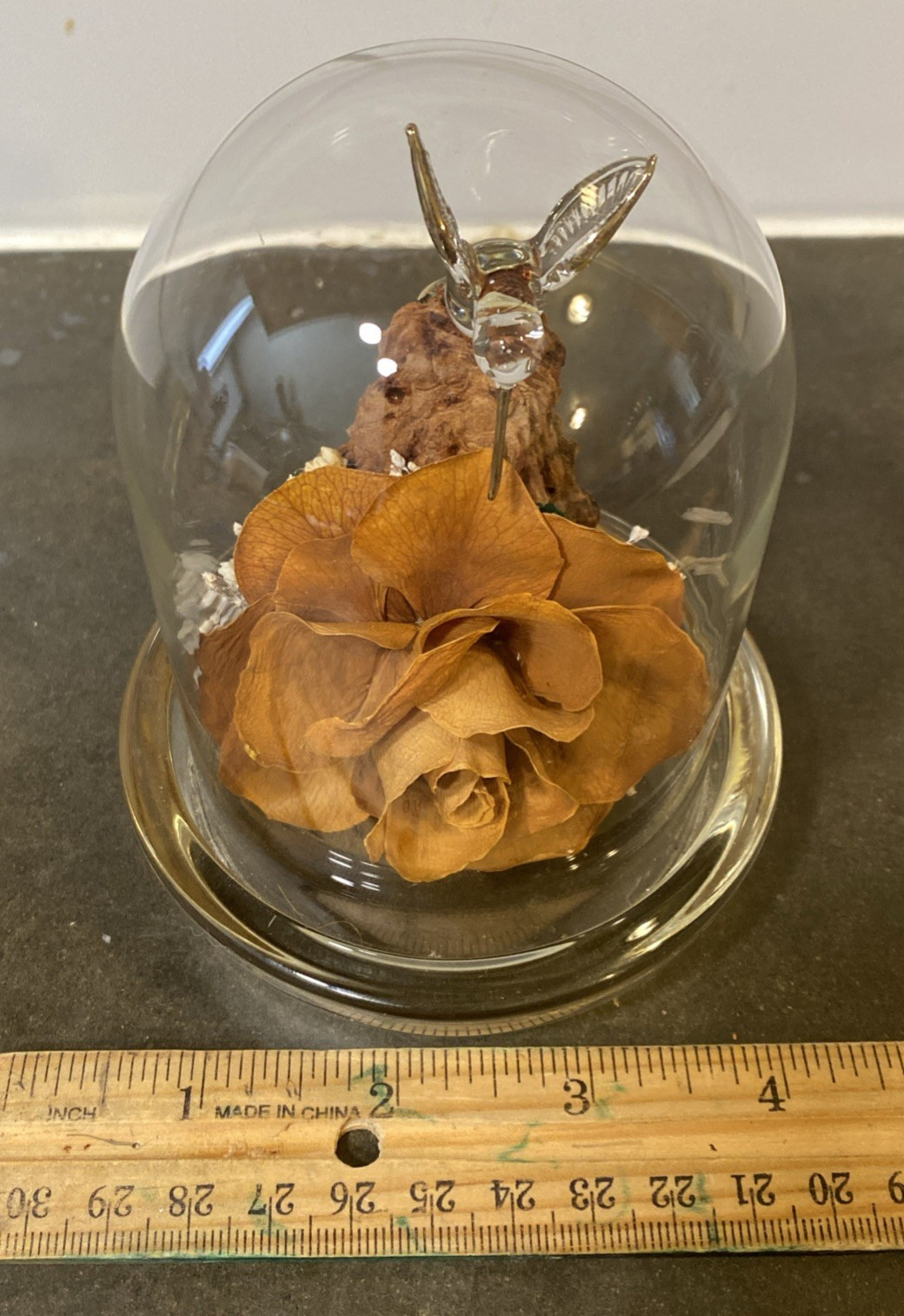 Colorado Naturals Dried Rose Floral Glass Dome Display with Glass Humming Bird
