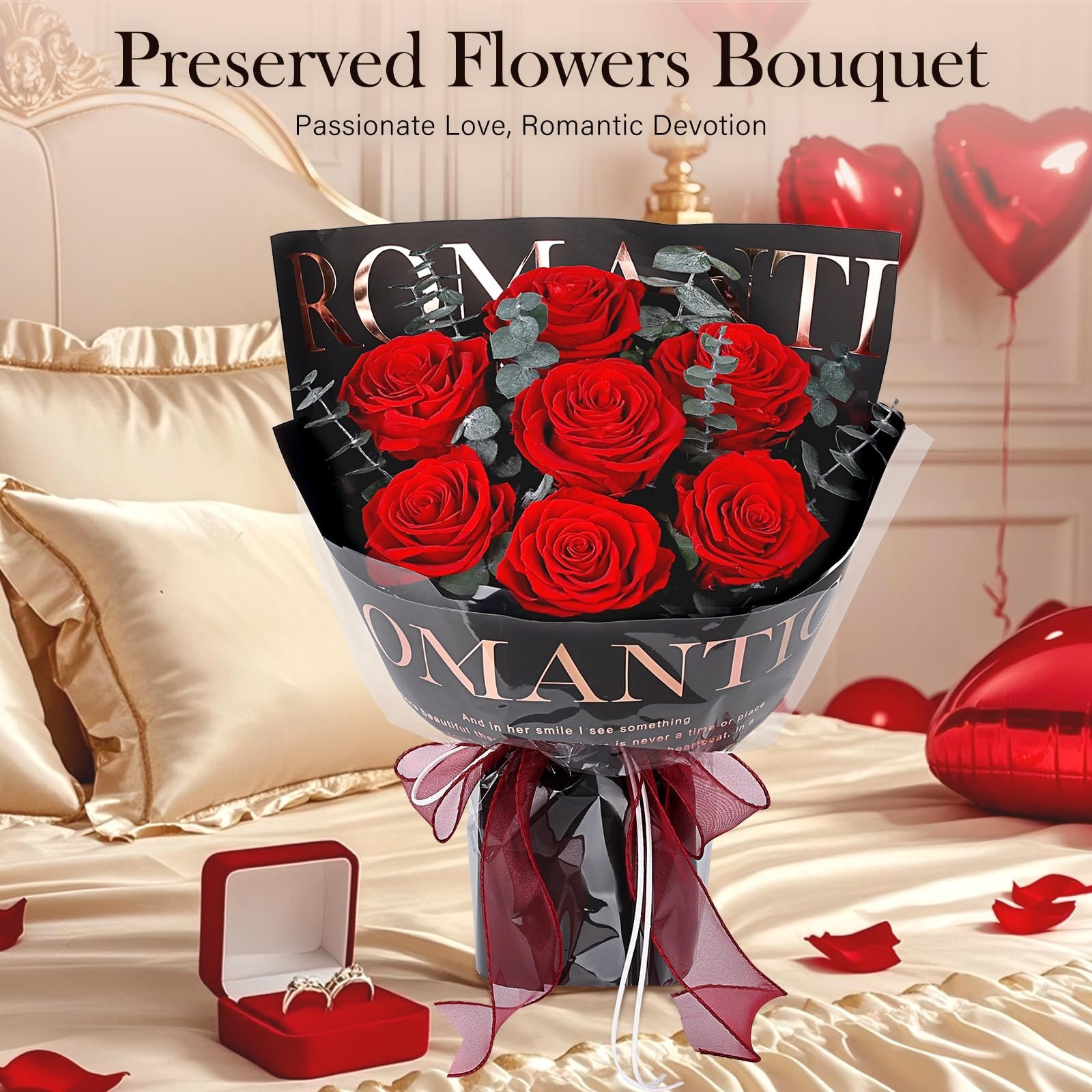 7 Red Roses Preserved Flowers in Black Wrap – Perfect Gift for Women