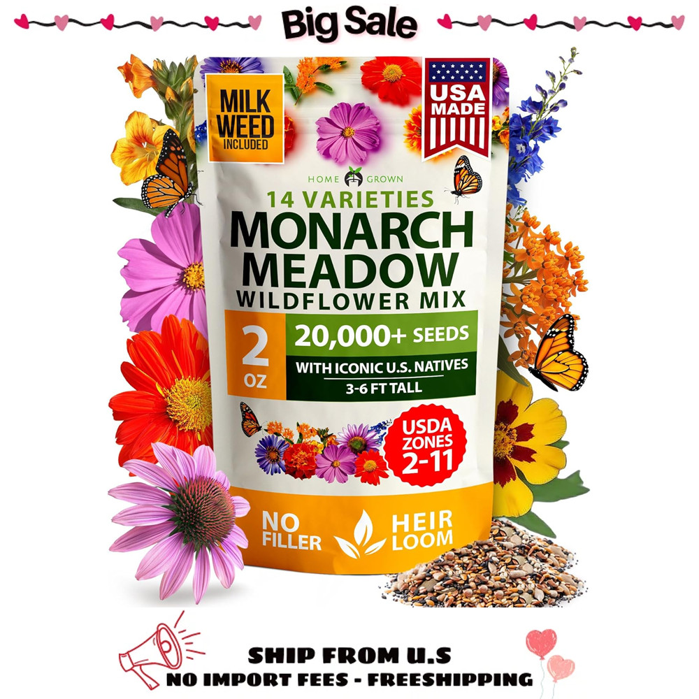 20000+ Wildflower Seeds Mix 2oz – 14 Varieties Non-GMO Milkweed for Monarchs