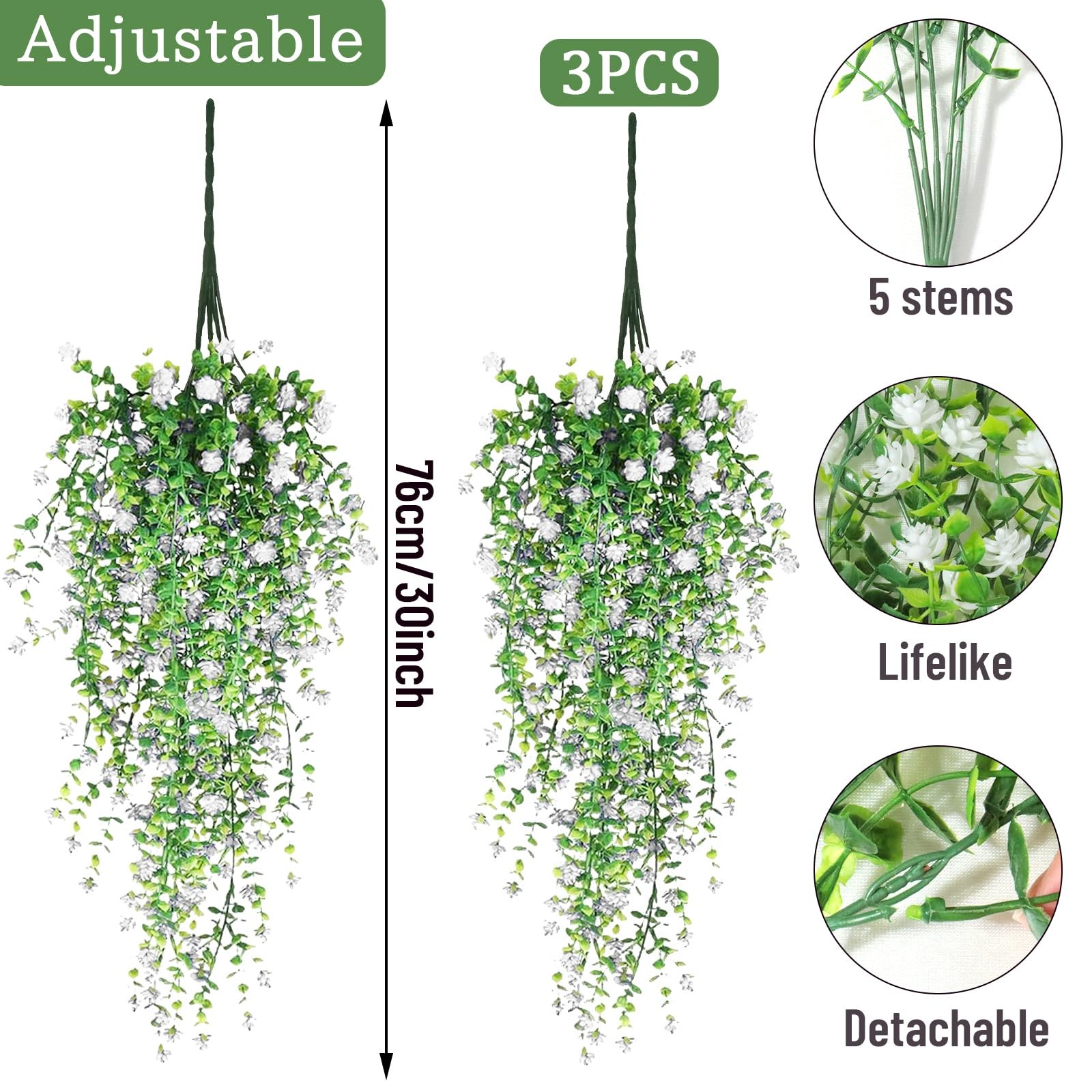 Artificial Hanging Flowers, 3 Pcs Fake Hanging Plants Artificial Vines for Ou…