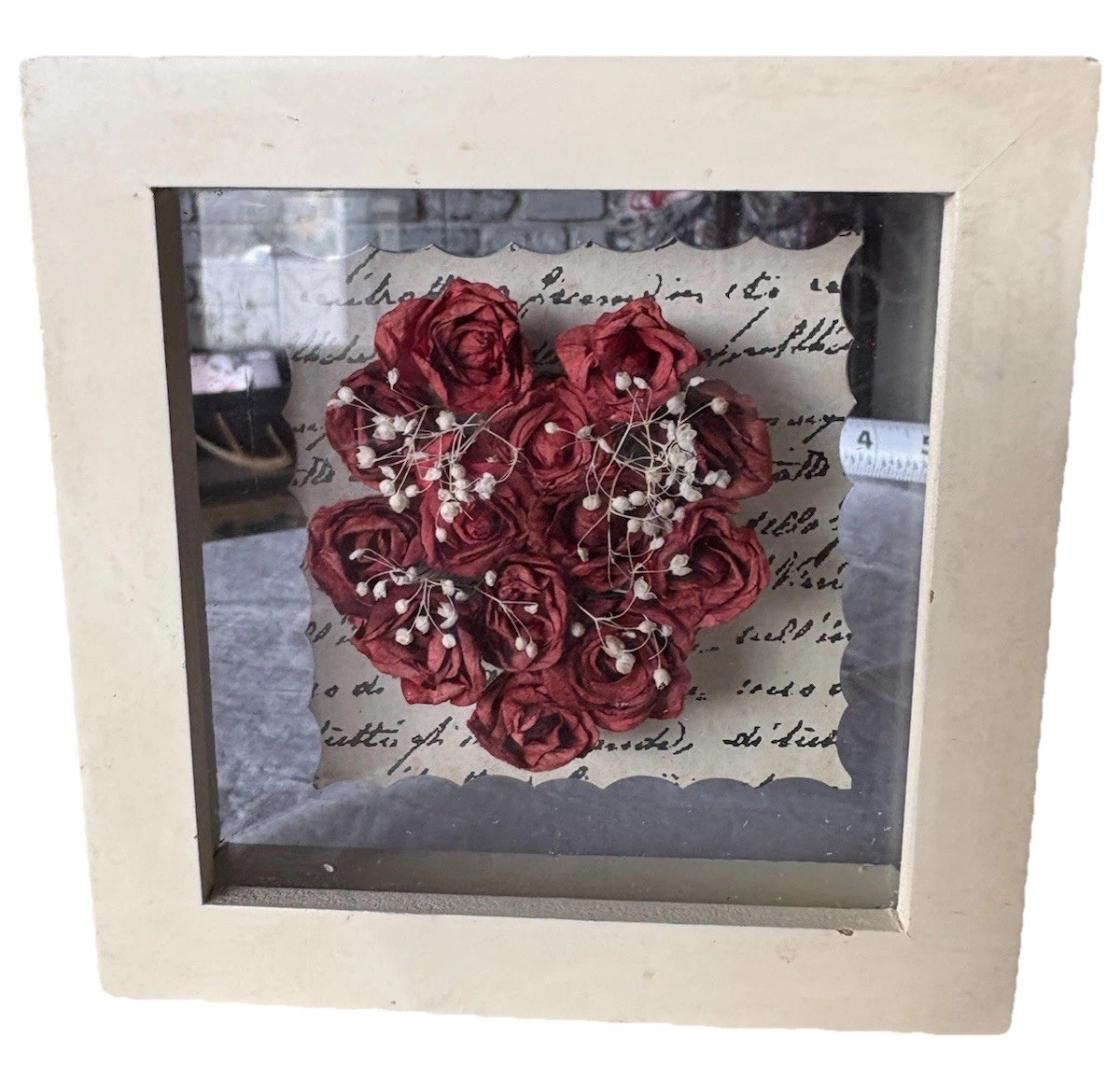 4.75” Preserved Red Roses w/ Newspaper Backing – Flower White Framed Shadow Box
