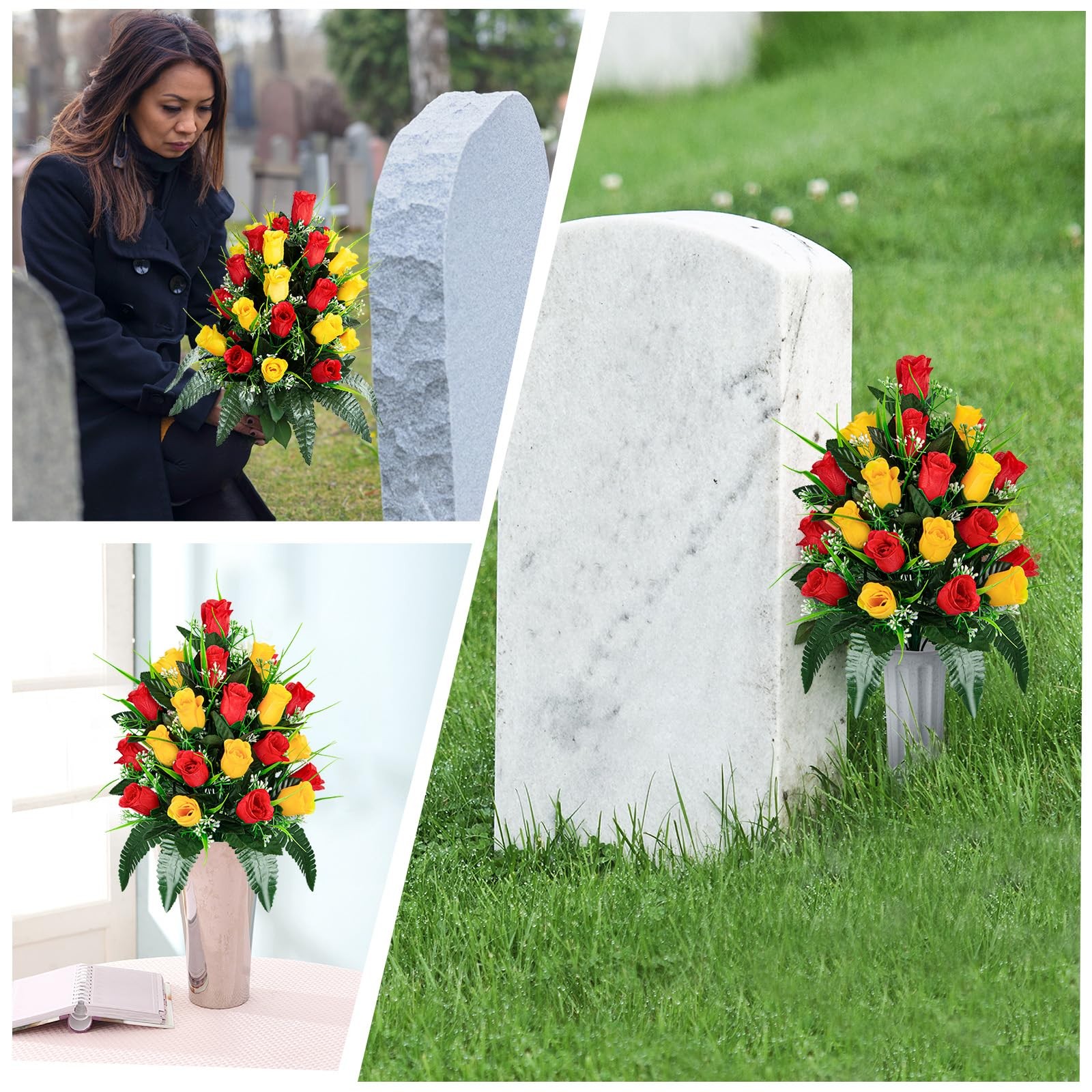 Kukooka Artificial Cemetery Flowers Set of 2 Grave Memorial Rose Flowers wit…