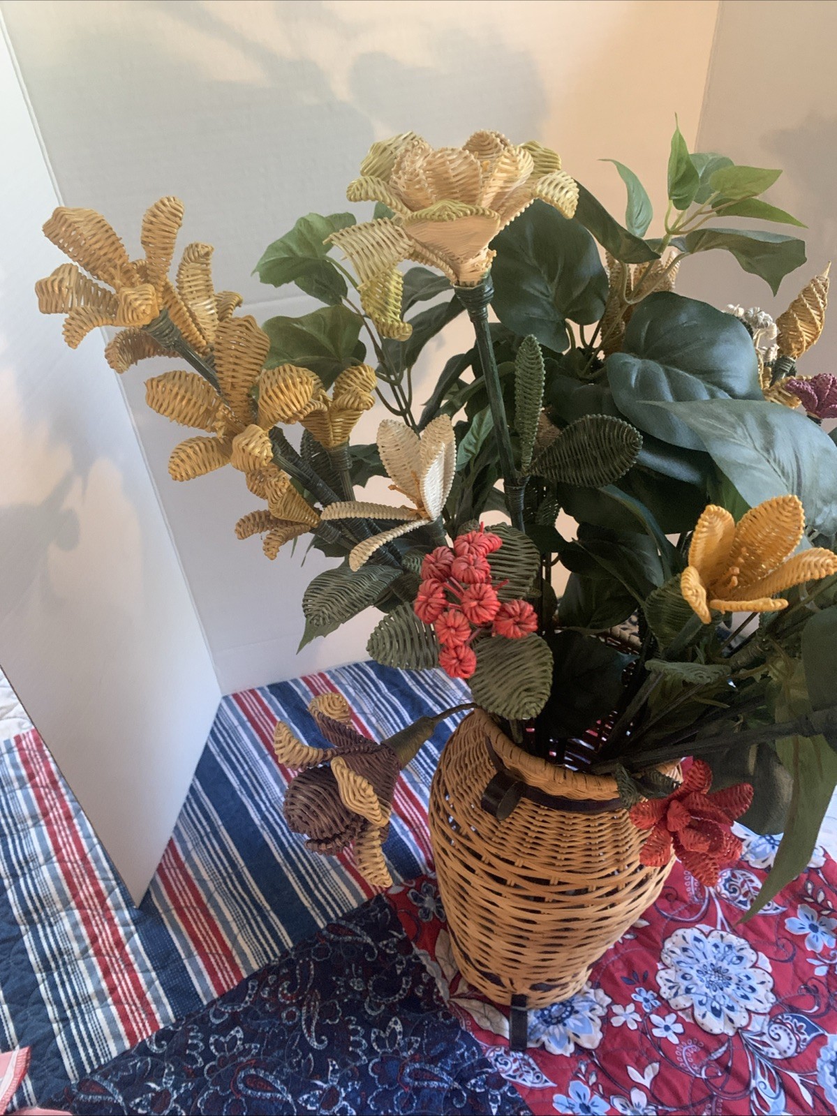 Handcrafted RARE Artificial Flowers Made of Wicker Rattan- Vintage READ