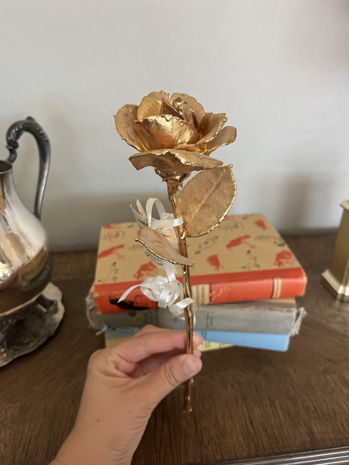 Real Rose Stem Dipped in 24K Gold Finish Metal Floral Décor, Gold Color