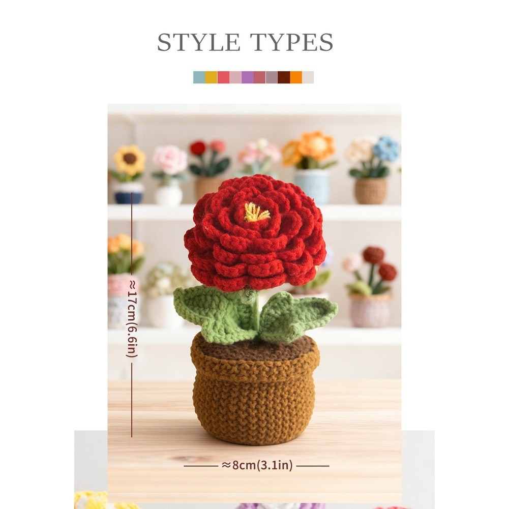 Crochet Peony Artificial Flower in Pot Handmade 17cm Milk Cotton Piece