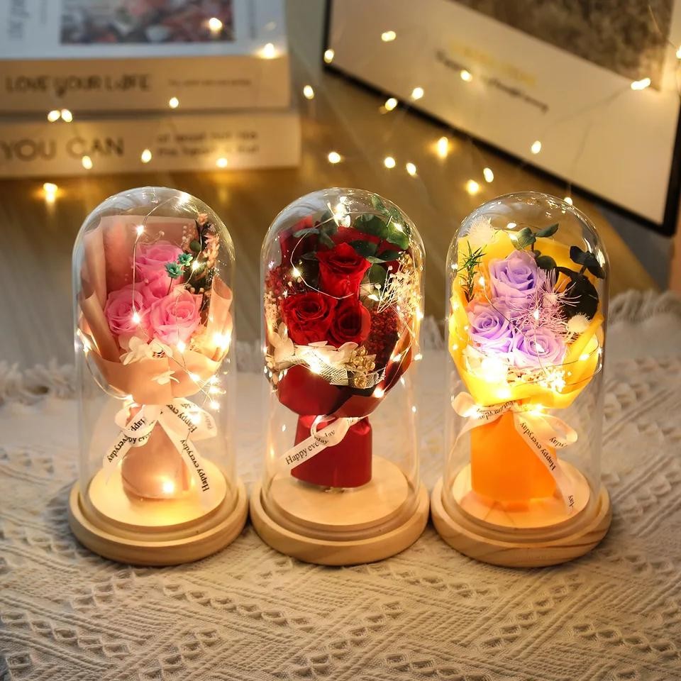 LED Galaxy Rose Eternal 24k Gold Foil Flower with Fairy String Lights Dome Decor