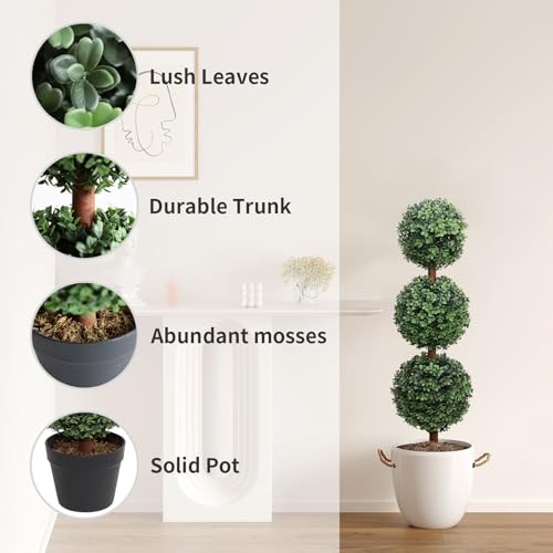 Artificial Topiary Ball Tree, 35inch Fake Topiaries Triple Ball Dark Green