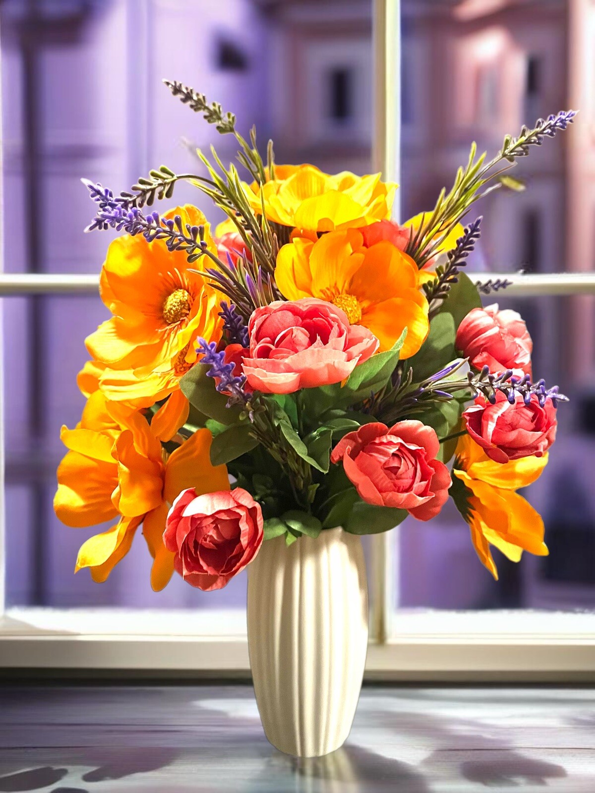 Small Floral Arrangement Centerpiece Lavender Pink Ranunculus Orange Floral 12”