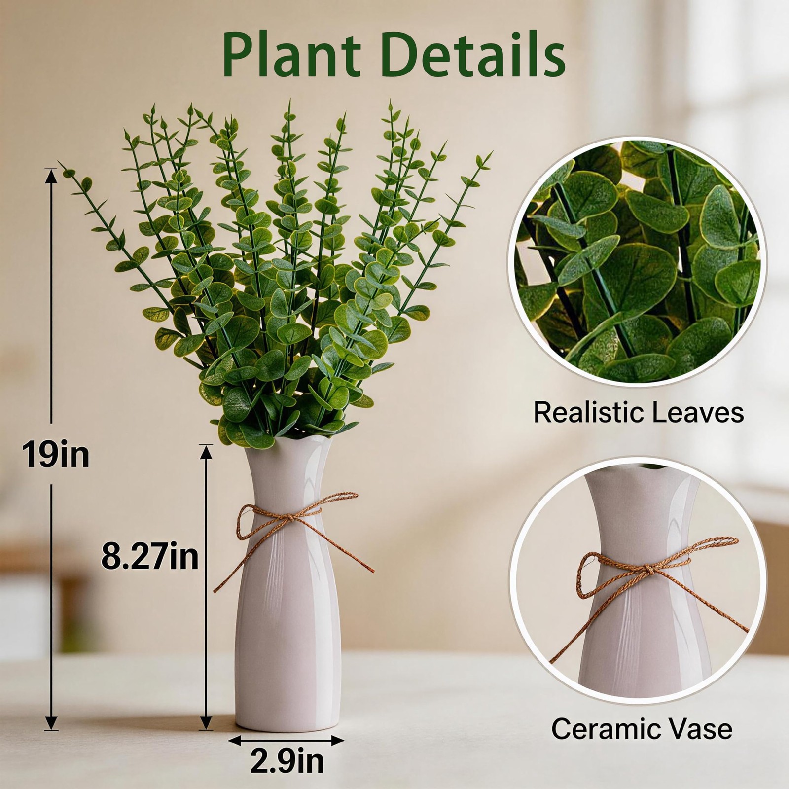 Artificial Eucalyptus Stems with White Vase,19 Inch Small Fake Plants Indoor,…