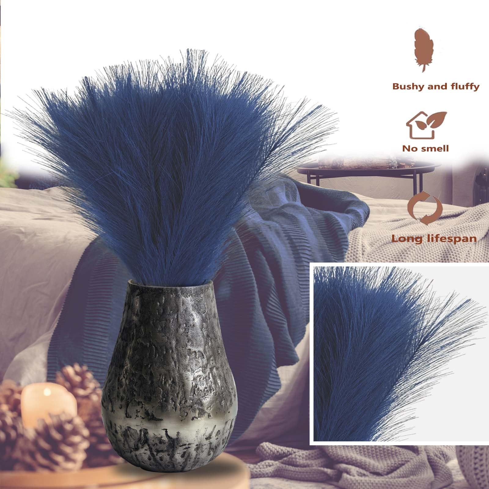 Blue Pampas Grass Decor, 30 Pcs 17″ Navy Blue Flowers Short Fluffy Artificial…