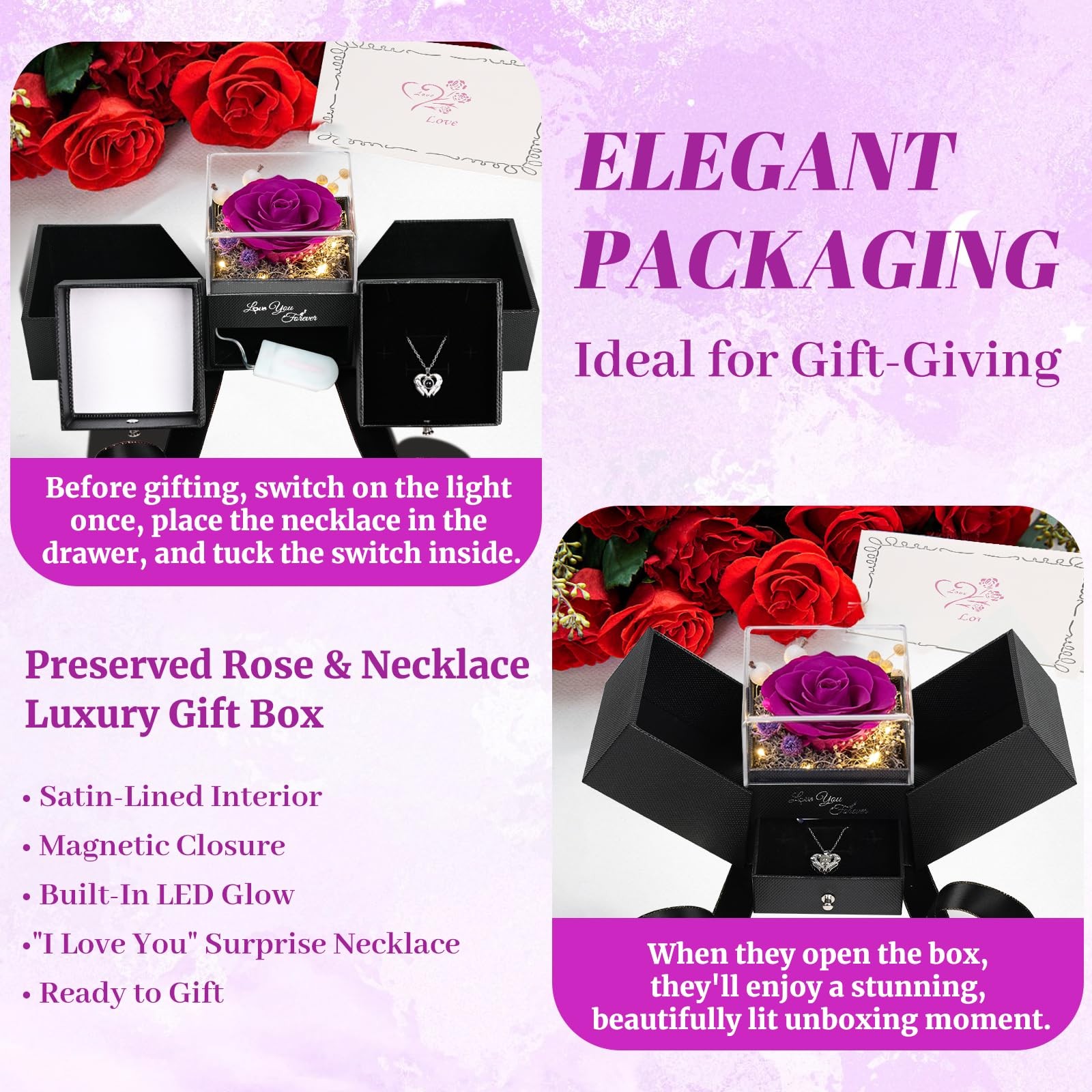 FIACO Gifts for Women Preserved Real Roses with I Love You Necklace Fresh For…