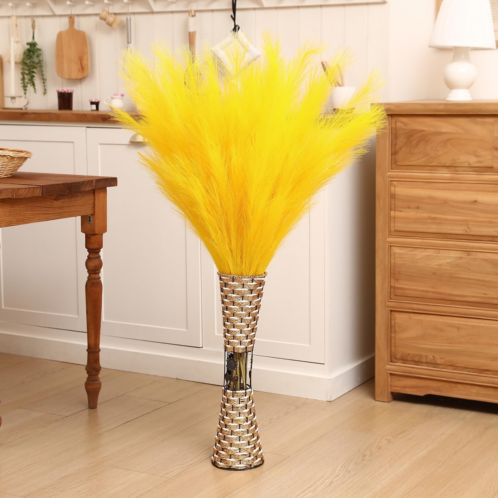 8 Pcs 45 Inch Tall Yellow Pampas Grass Faux Artificial Floor Vase Wedding Decor