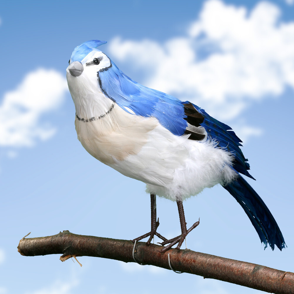 Artificial 20″ Large Feathered Blue Jay Bird with Wired Feet