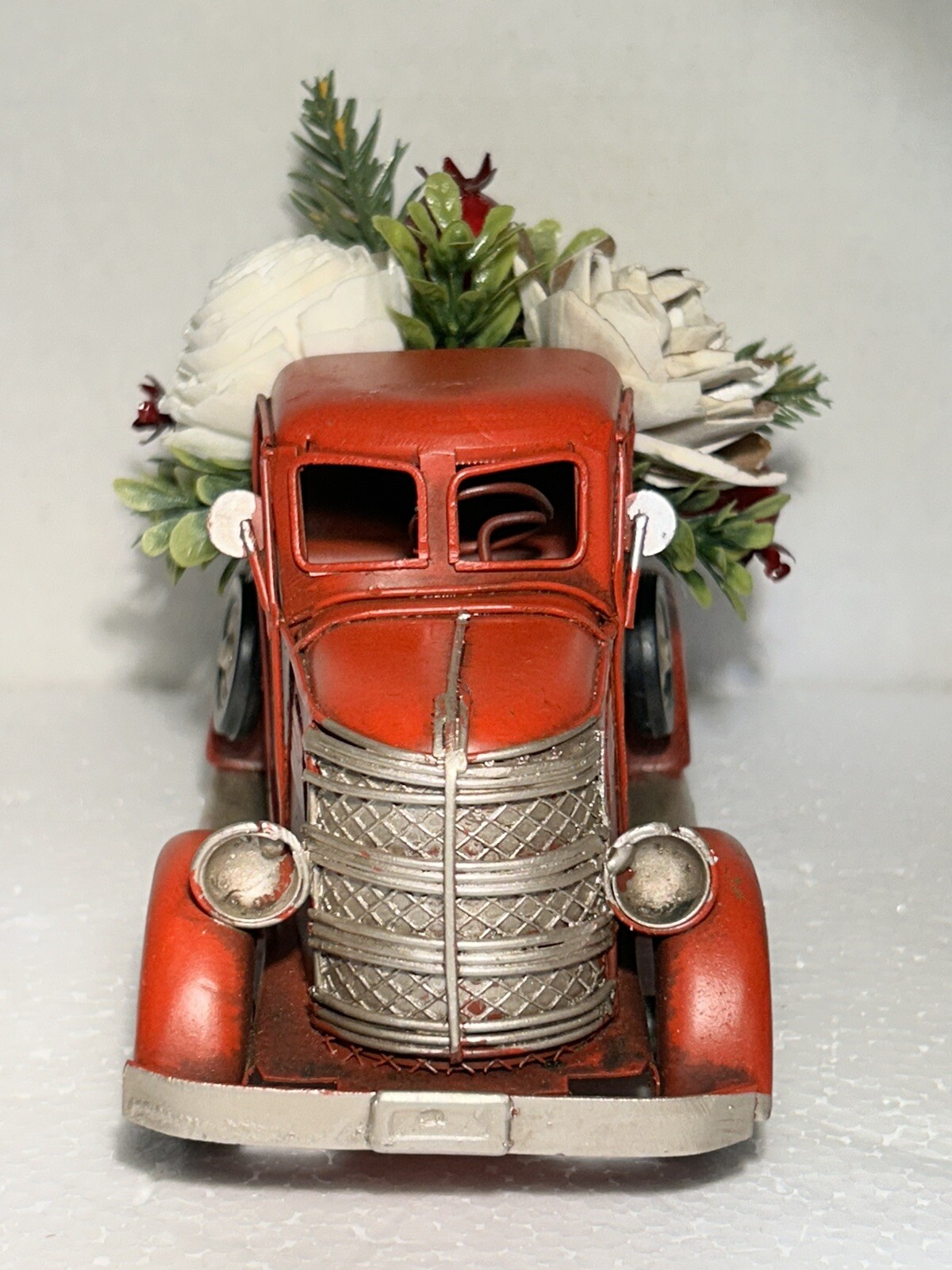 Red Metal Pickup Truck filled with Wood Flowers – home decor, rustic