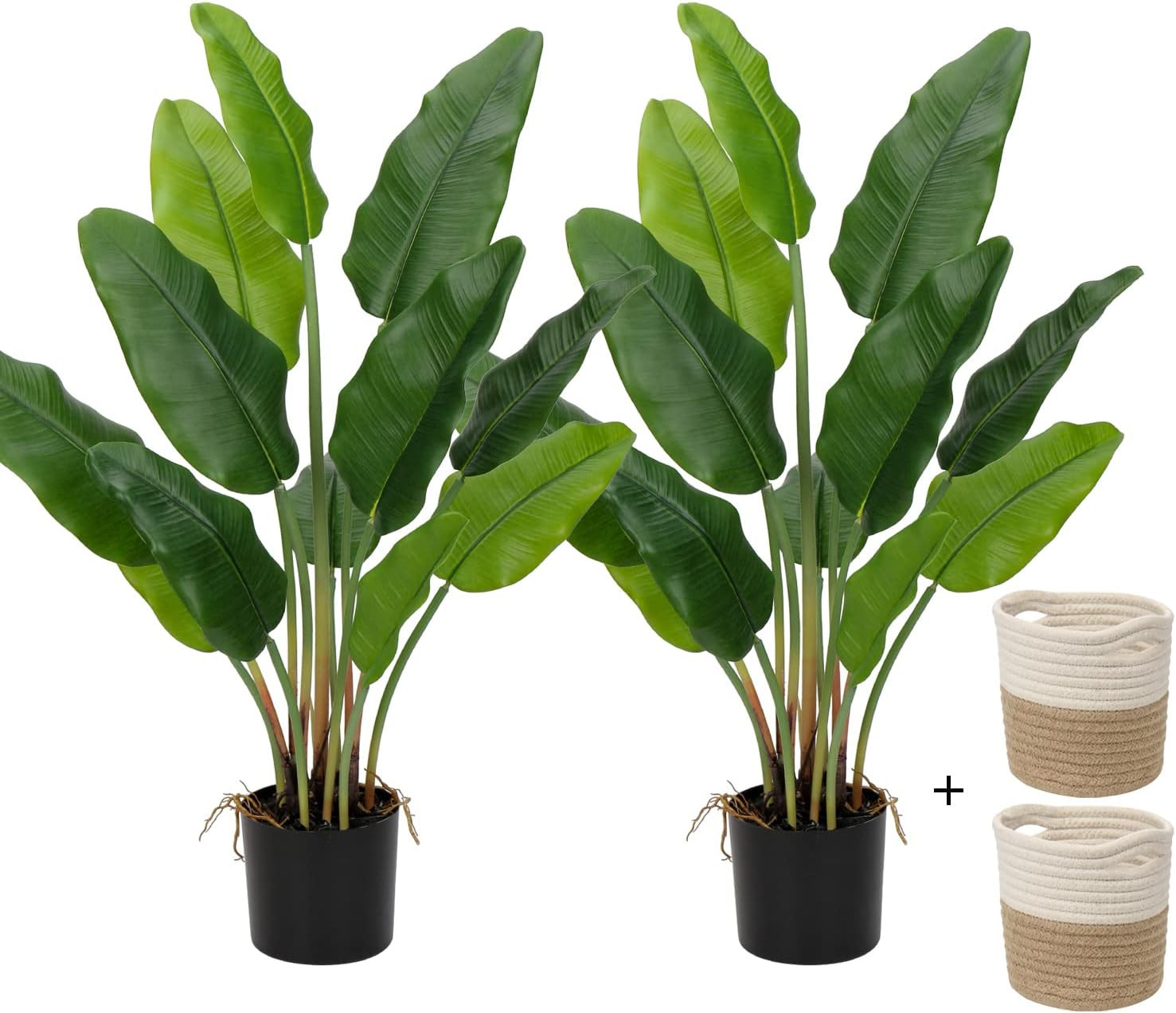 Hollyone 2Pcs Large Artificial Bird of Paradise Plant in Pot, 30″ Fake Palm Trop