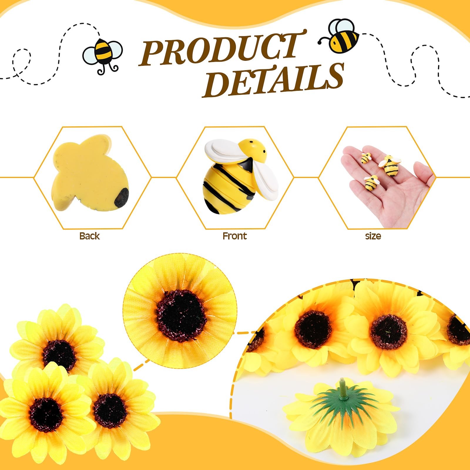 110 PCS 2.76 Sunflowers, Artificial Heads, Tiny Craft Bees, DIY, Wall Decor