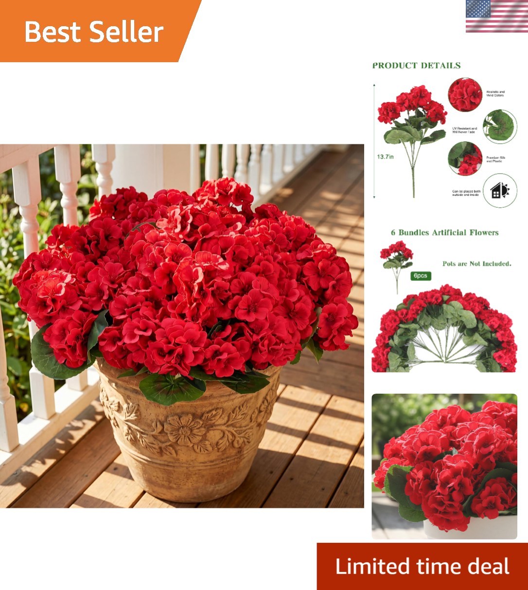 Vibrant Silk Red Geraniums – 6 Bundles for Effortless Home Decor & Gardens