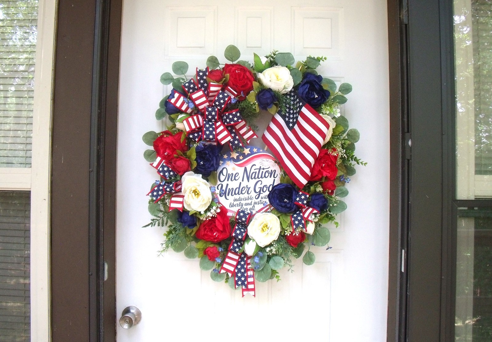 Patriotic Peony/Flag Wreath, Red/White/Blue, One Nation Under God